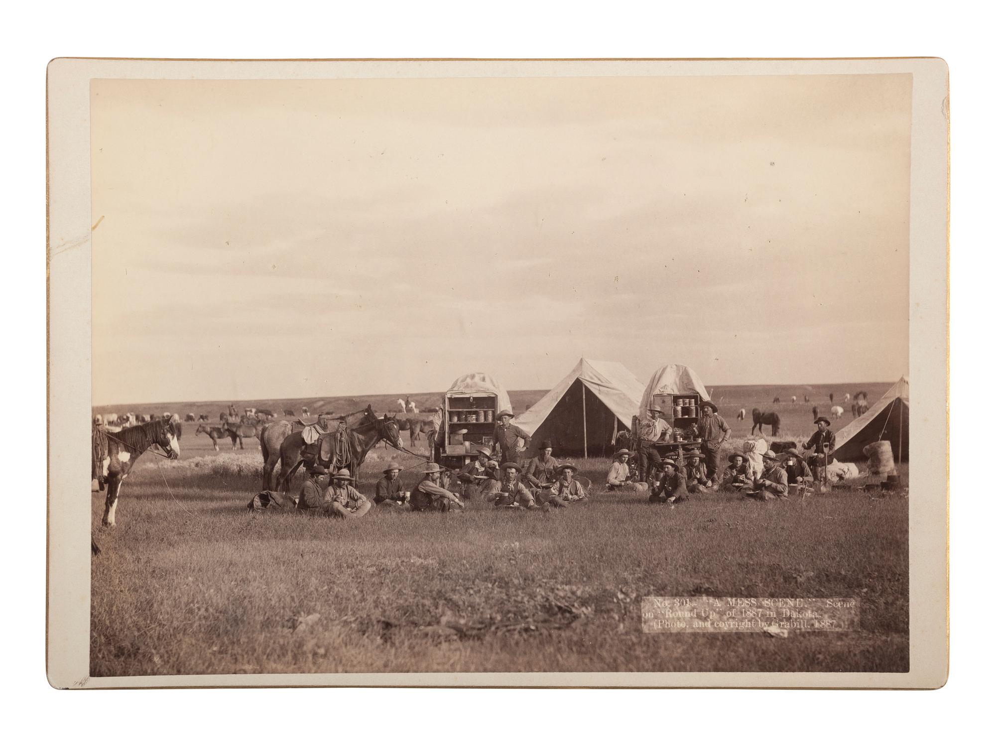 [WESTERN AMERICANA]. GRABILL, John C.H. (1849-1903), photographer. "A Mess Scene." Scene on "Round Up" of 1887 in Dakota . [South Dakota], 1887.