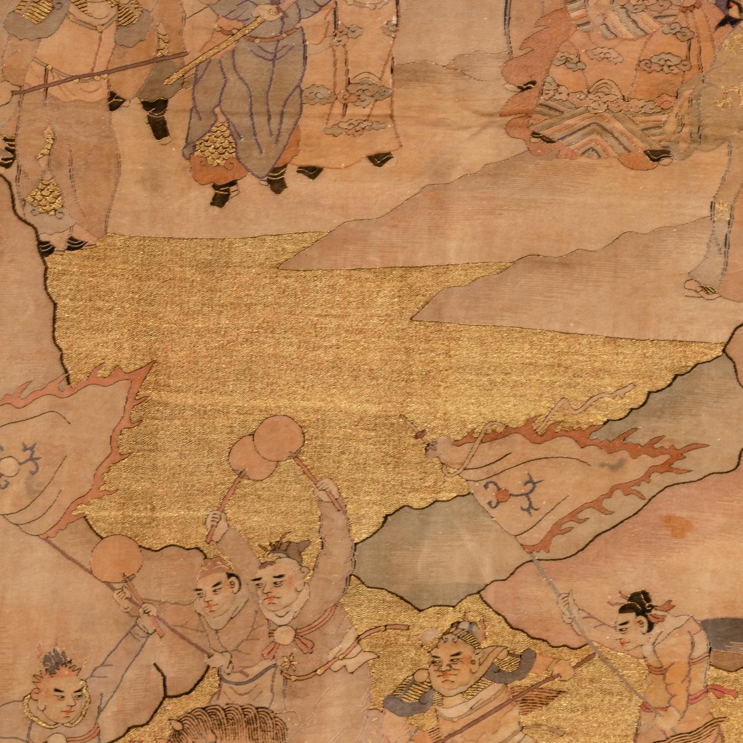 A Large Chinese Kesi 'Three Kingdom ' Silk Panel and Two Small Fragments, Late 19th Century 清晚期 金地緙絲三國故事圖挂賬及人物故事圖兩幅