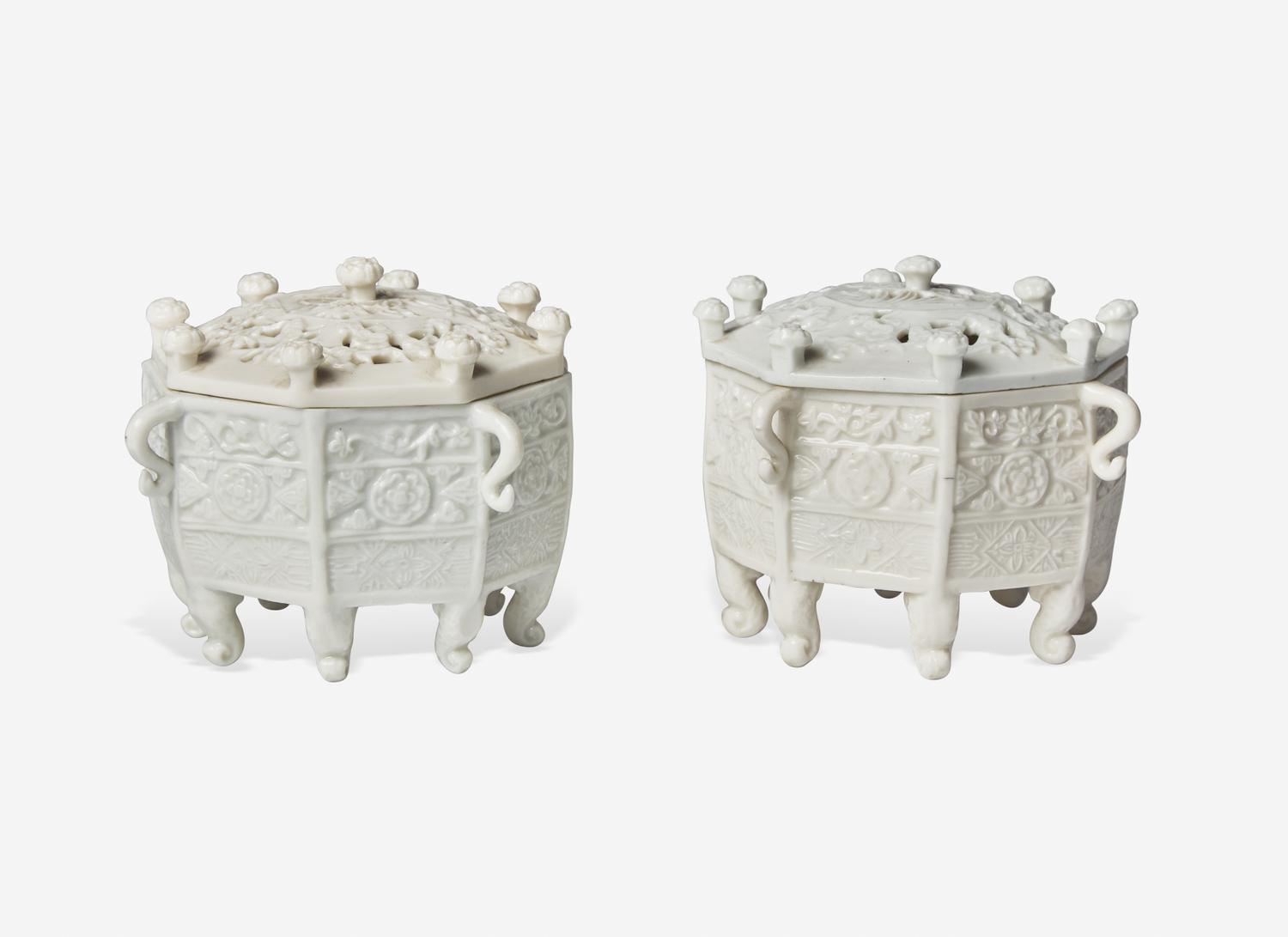 A Pair of Chinese Dehua Porcelain "Marco Polo" Covered Censers