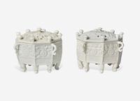 A Pair of Chinese Dehua Porcelain "Marco Polo" Covered Censers