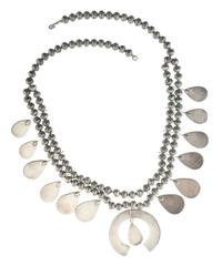 Zuni Silver Squash Blossom Necklace, Earring, and Cuff Bracelet Suite Lot is located and will ship from Denver, Colorado.