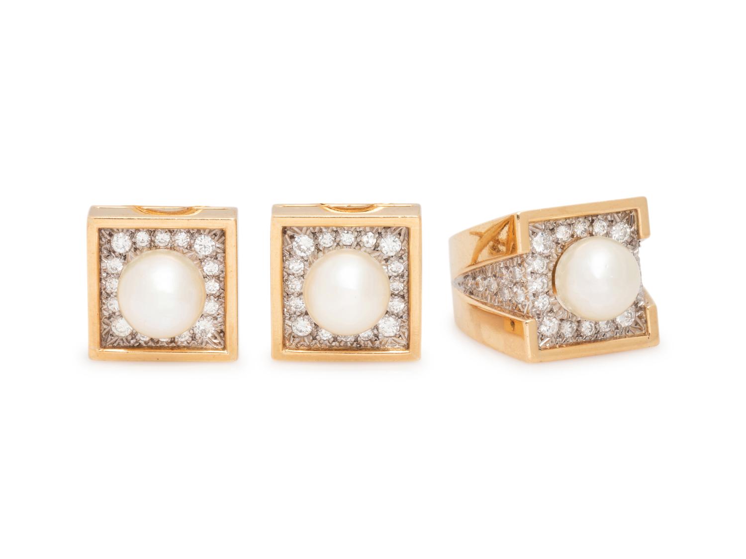 BICOLOR GOLD, CULTURED PEARL AND DIAMOND SET