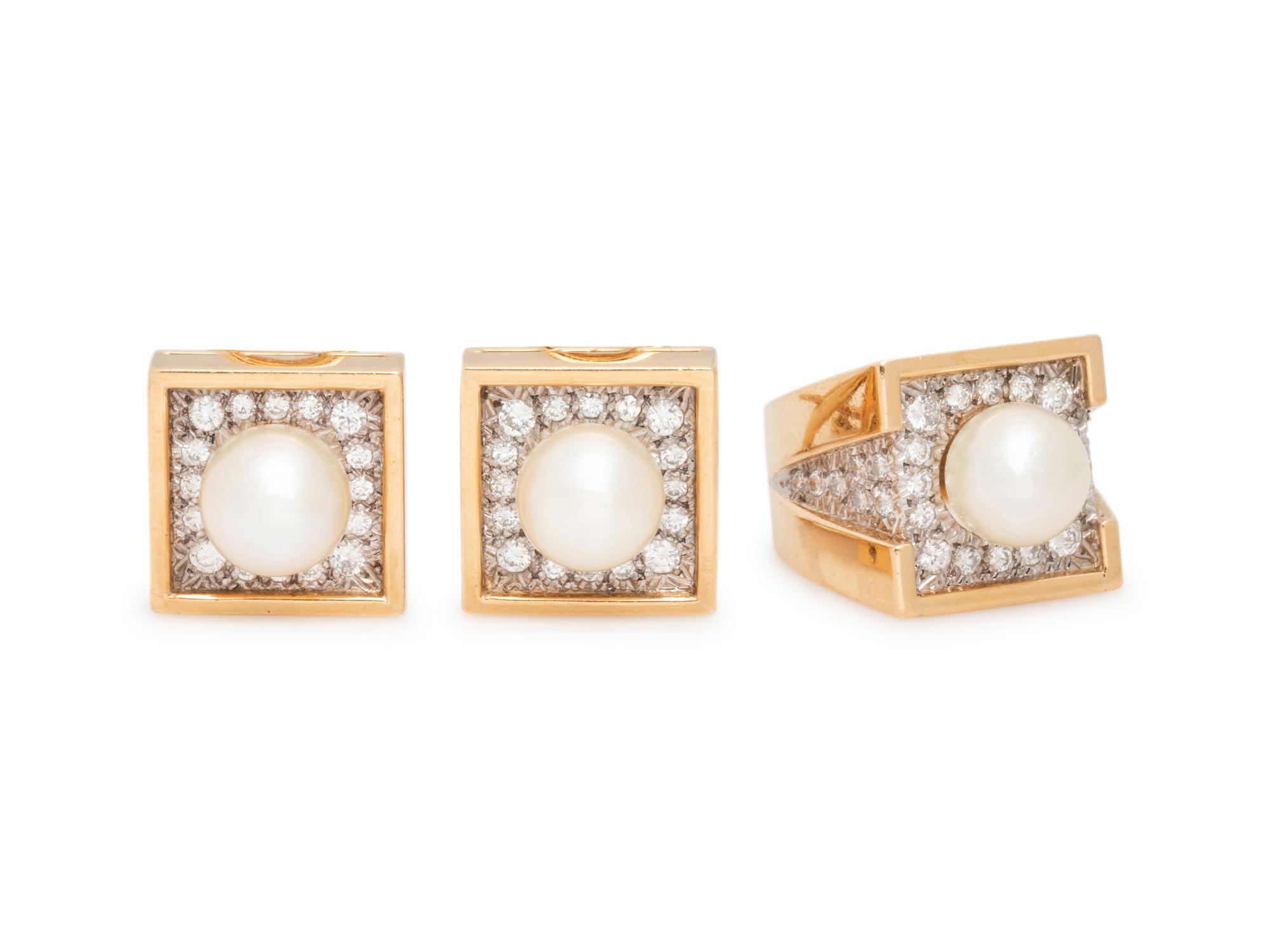 BICOLOR GOLD, CULTURED PEARL AND DIAMOND SET