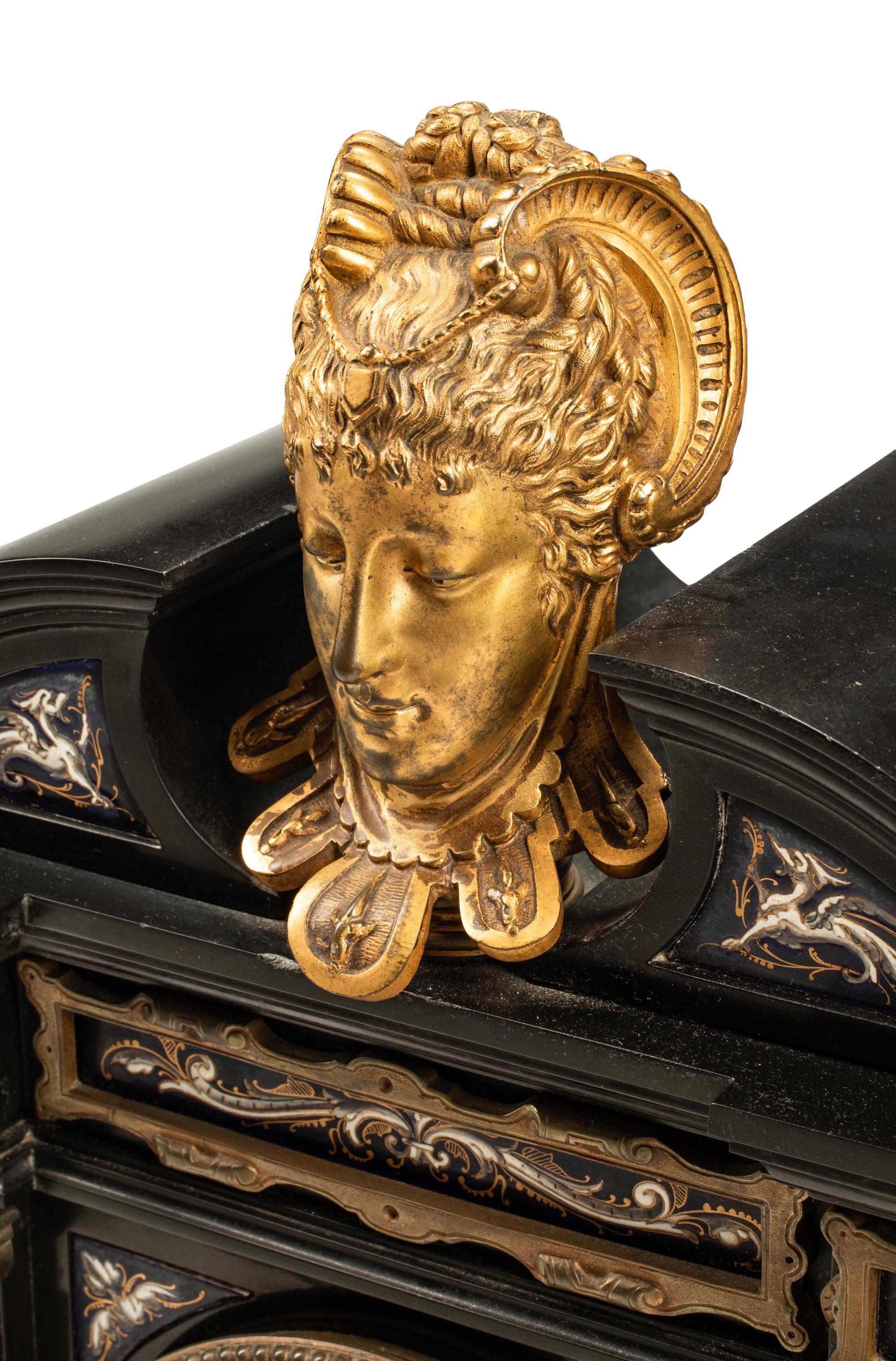 A French Gilt Bronze Mounted and Porcelain-Inset Black Marble Clock