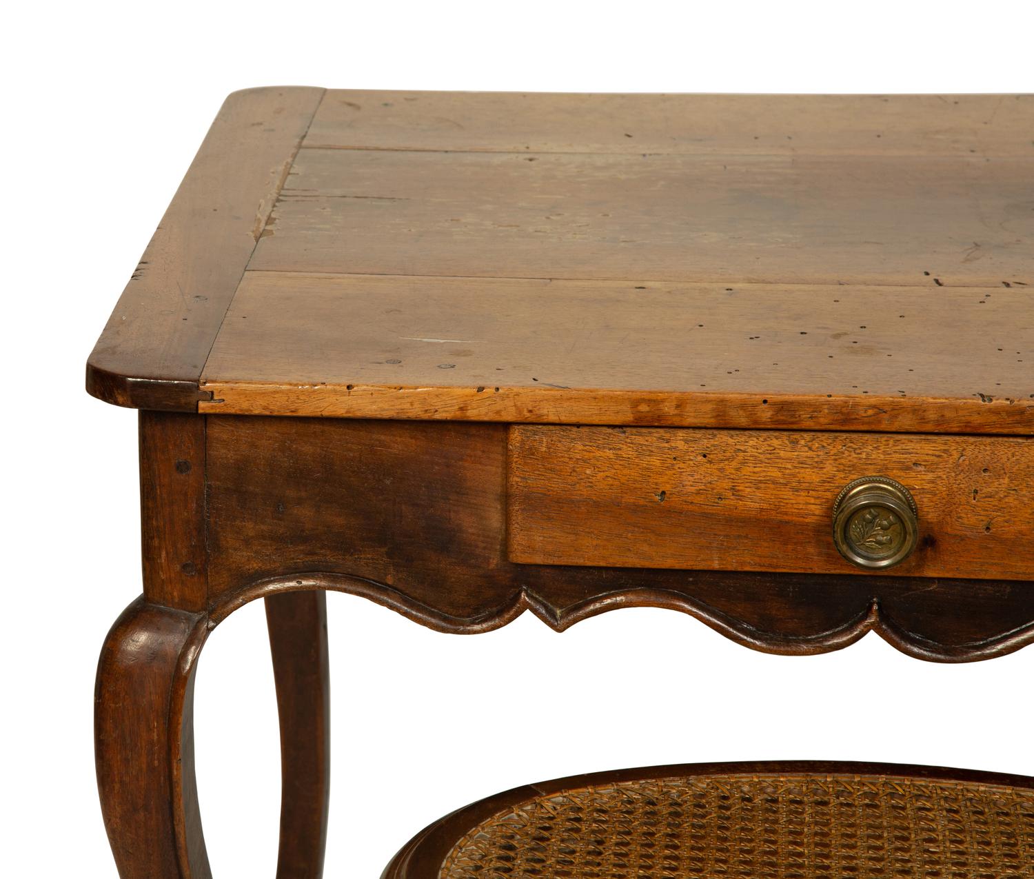 A Louis XV Style Side Table with a Louis XV Style Caned Seat Stool
