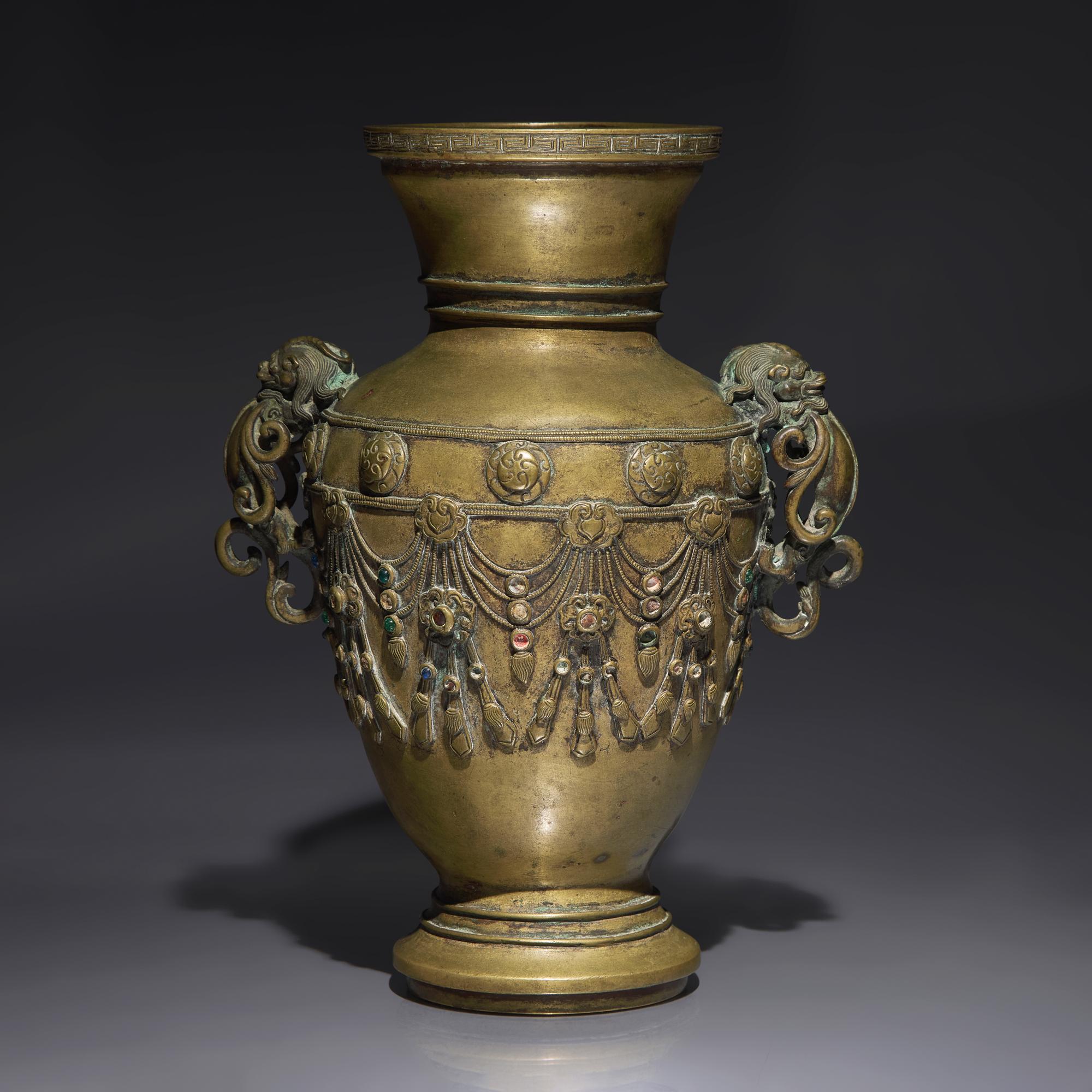 A Chinese Embellished Bronze Vase, Late Ming to Early Qing Dynasty, 17th/18th Century — 明末清初 銅嵌寳瓔珞雙耳瓶
