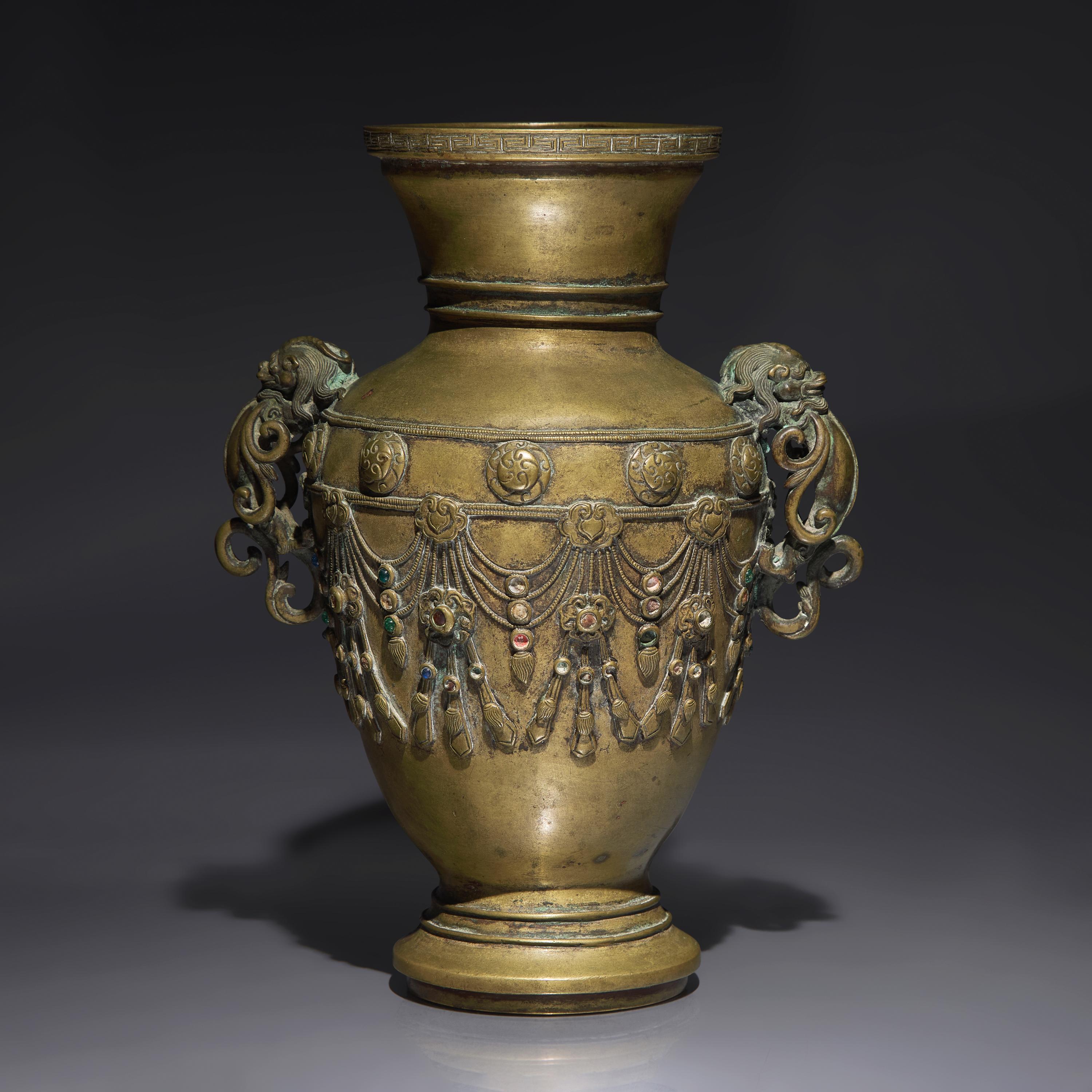 A Chinese Embellished Bronze Vase, Late Ming to Early Qing Dynasty, 17th/18th Century — 明末清初 銅嵌寳瓔珞雙耳瓶