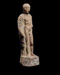 A Boeotian Terracotta Standing Youth with a Cock
