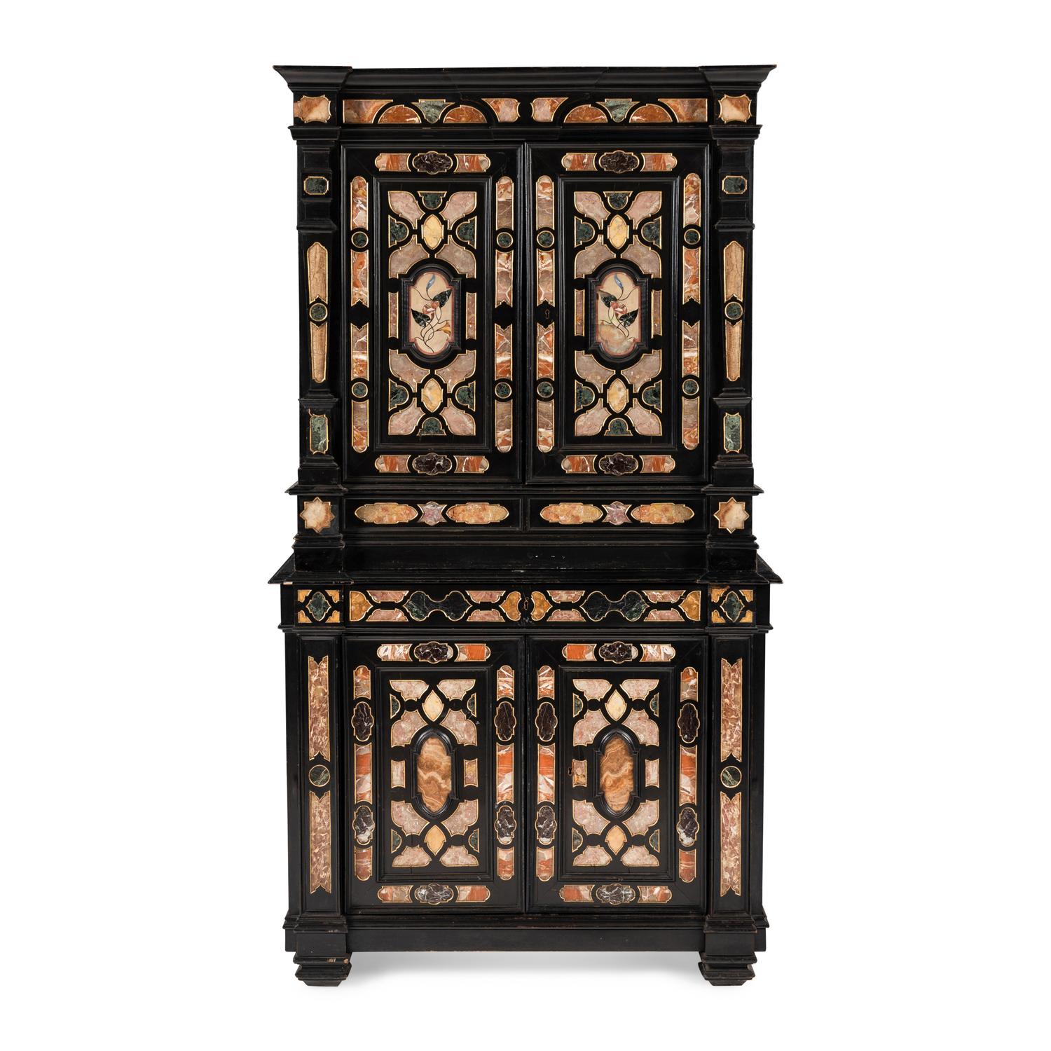 An Italian Baroque Style Ebonized, Specimen Marble-Inset and Parcel Gilt Collector's Cabinet