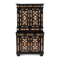 An Italian Baroque Style Ebonized, Specimen Marble-Inset and Parcel Gilt Collector's Cabinet