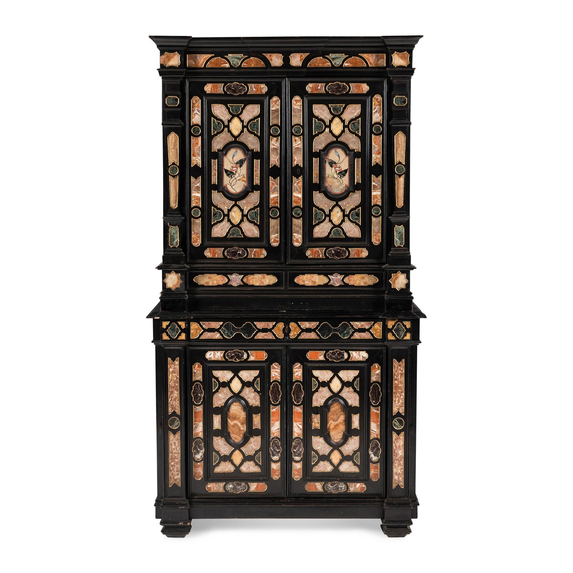 An Italian Baroque Style Ebonized, Specimen Marble-Inset and Parcel Gilt Collector's Cabinet