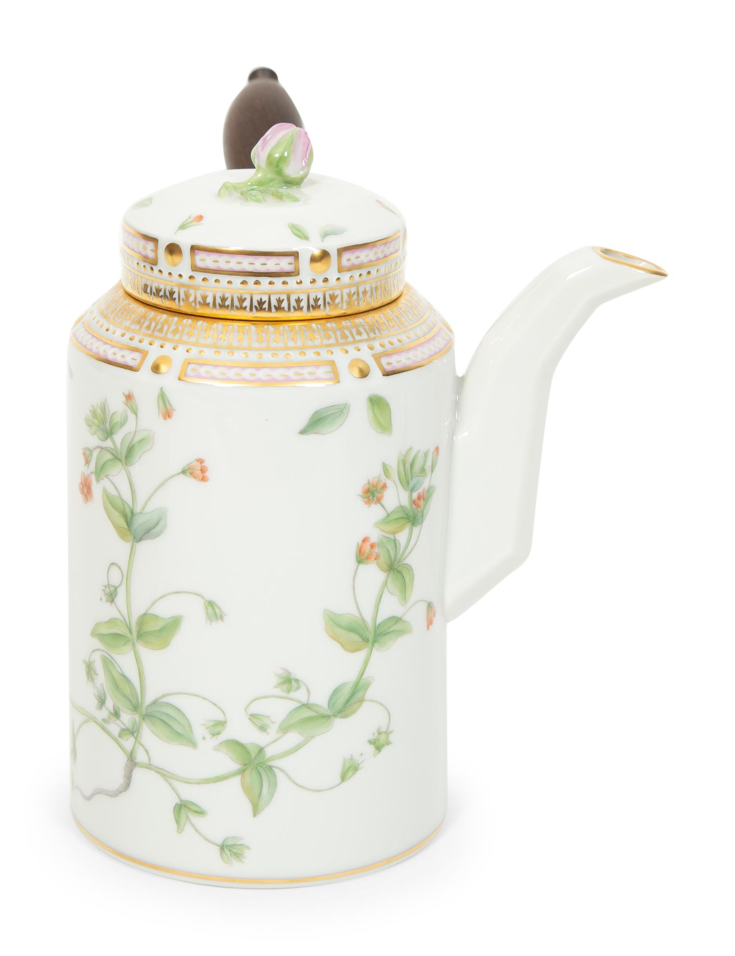 A Royal Copenhagen Flora Danica Porcelain Chocolate Pot with Five Cups and Three Saucers