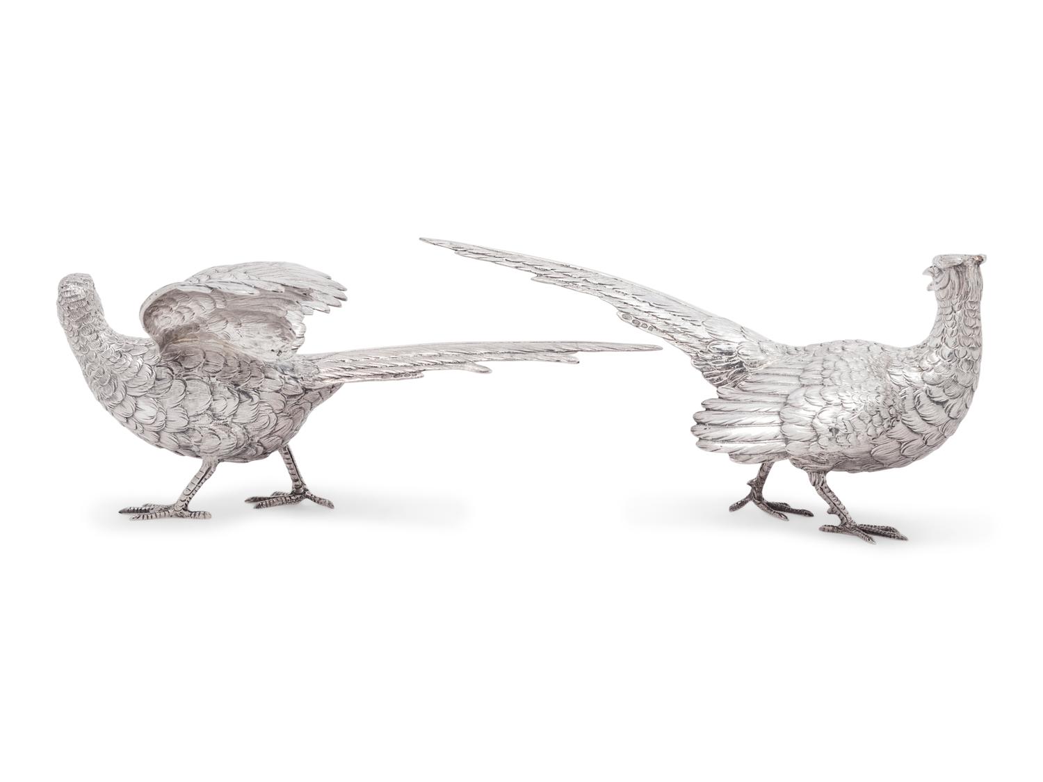 A Pair of Silver Pheasant Table Ornaments