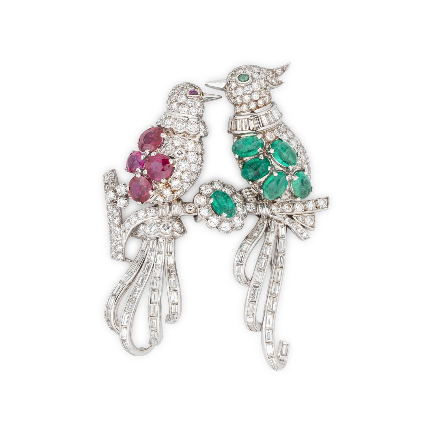 FRENCH, DIAMOND, EMERALD AND RUBY CONVERTIBLE BIRD BROOCH