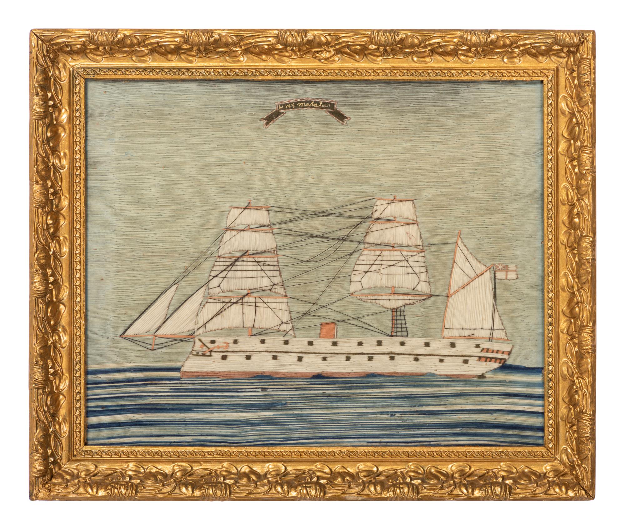 An English Wool Embroidered Ship Picture