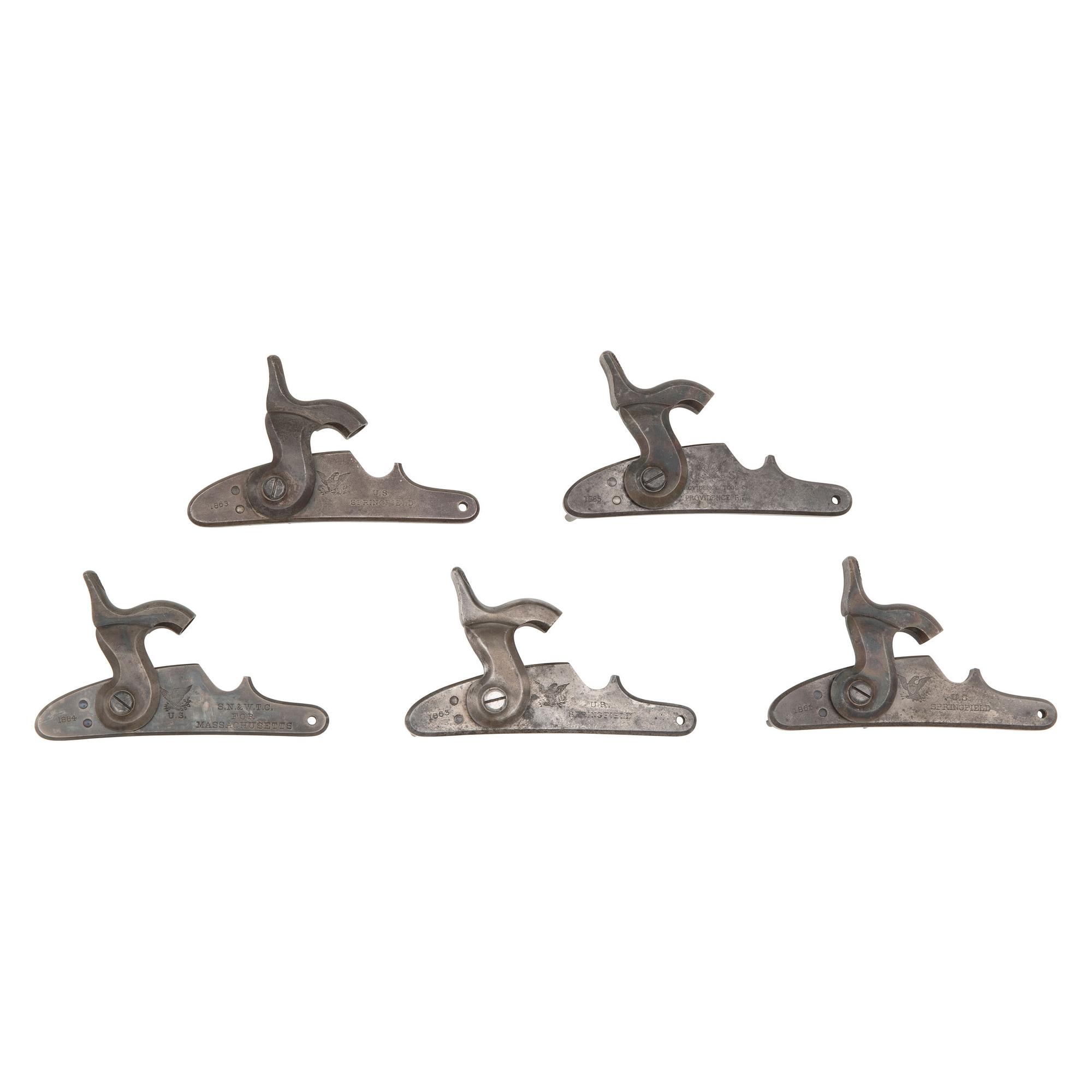 Five US Model 1863/64 Rifle Musket Locks, (3) Springfield, (1) SN&WTC & (1) Providence Tool