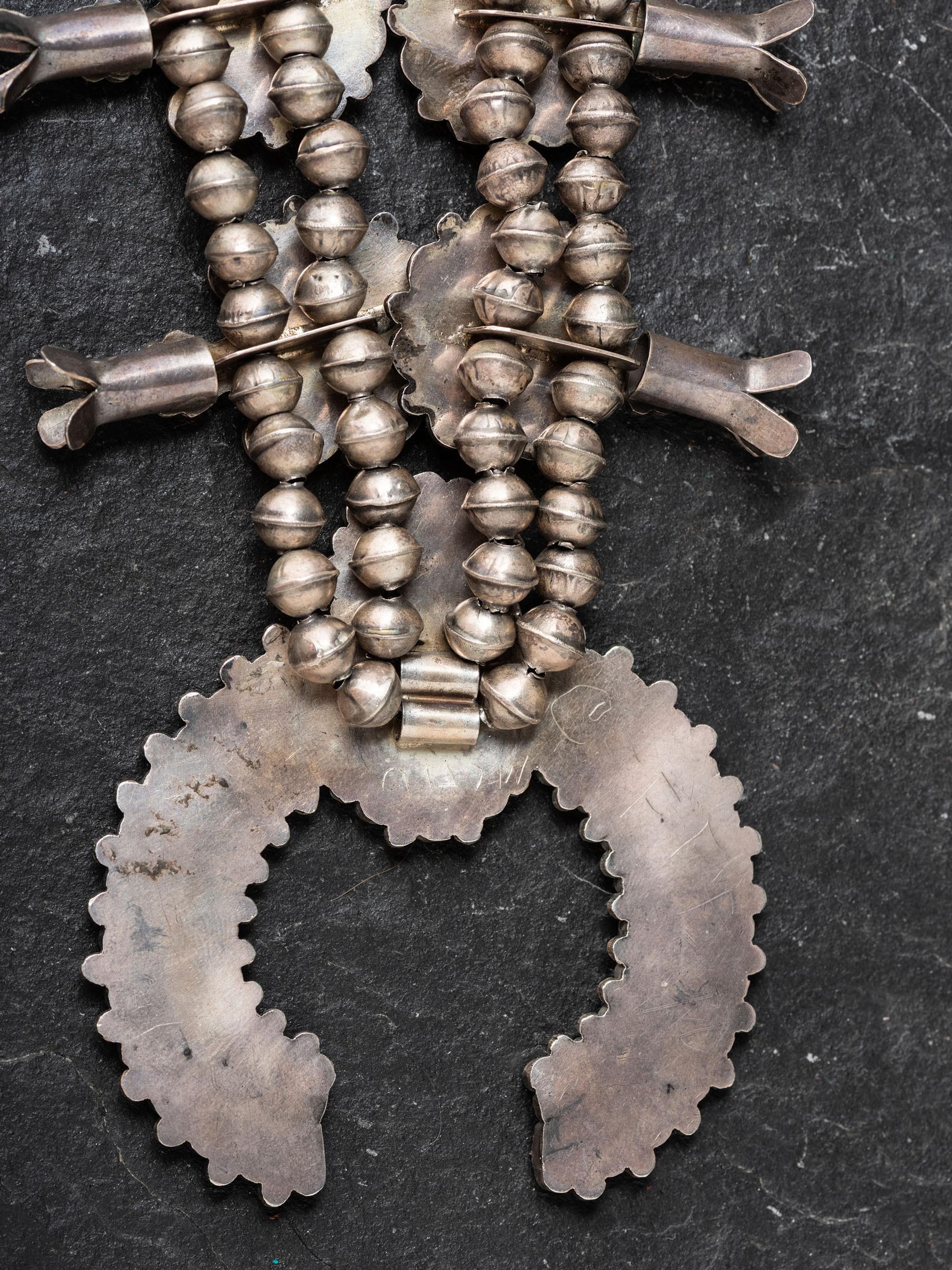 Silver and Turquoise Cluster Squash Blossom Necklace Suite
