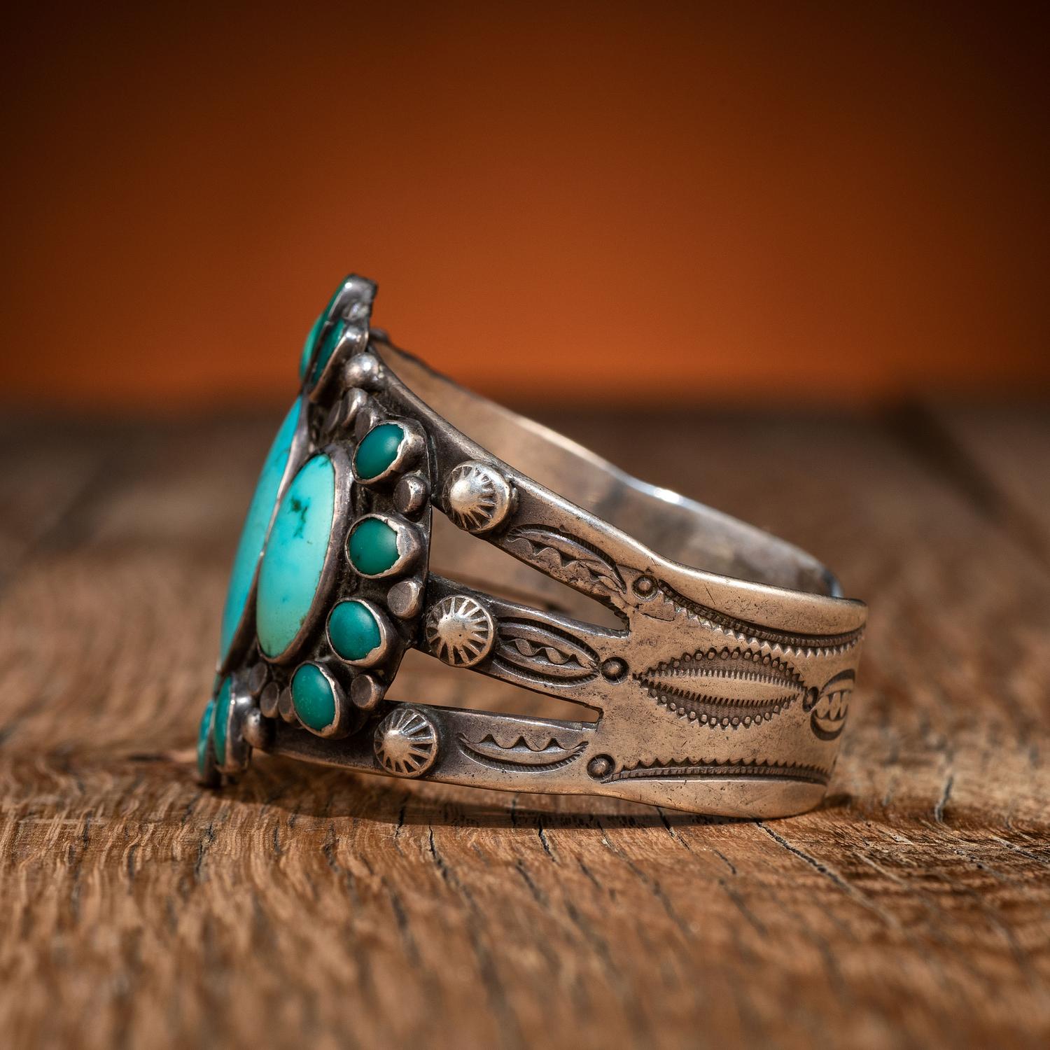 Navajo Stamped Silver and Turquoise Cluster Cuff Bracelet