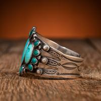 Navajo Stamped Silver and Turquoise Cluster Cuff Bracelet