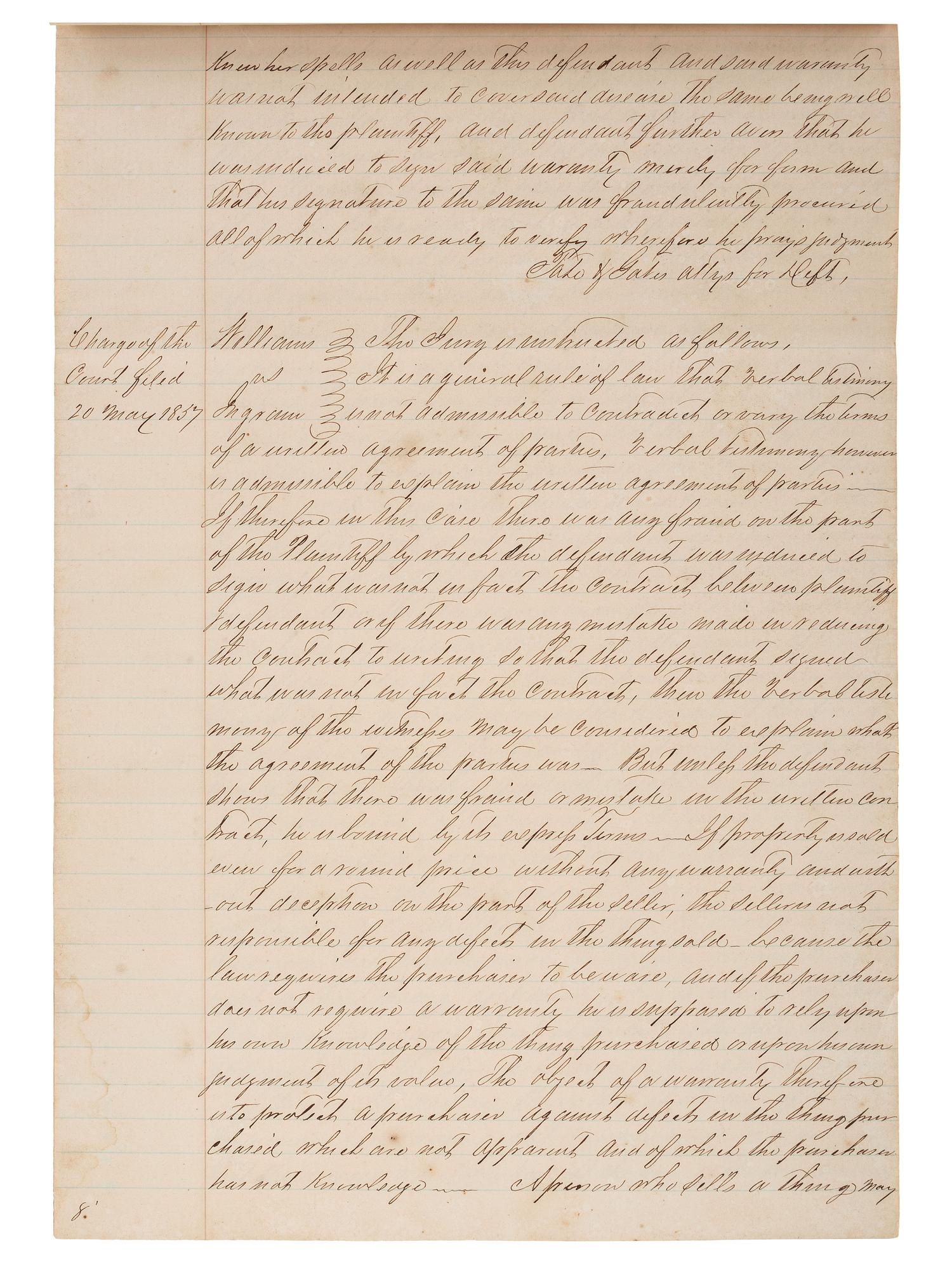 [SLAVERY & ABOLITION]. Manuscript court document related to the sale of an enslaved woman named "Frances," Fayette County, TX, 1857.