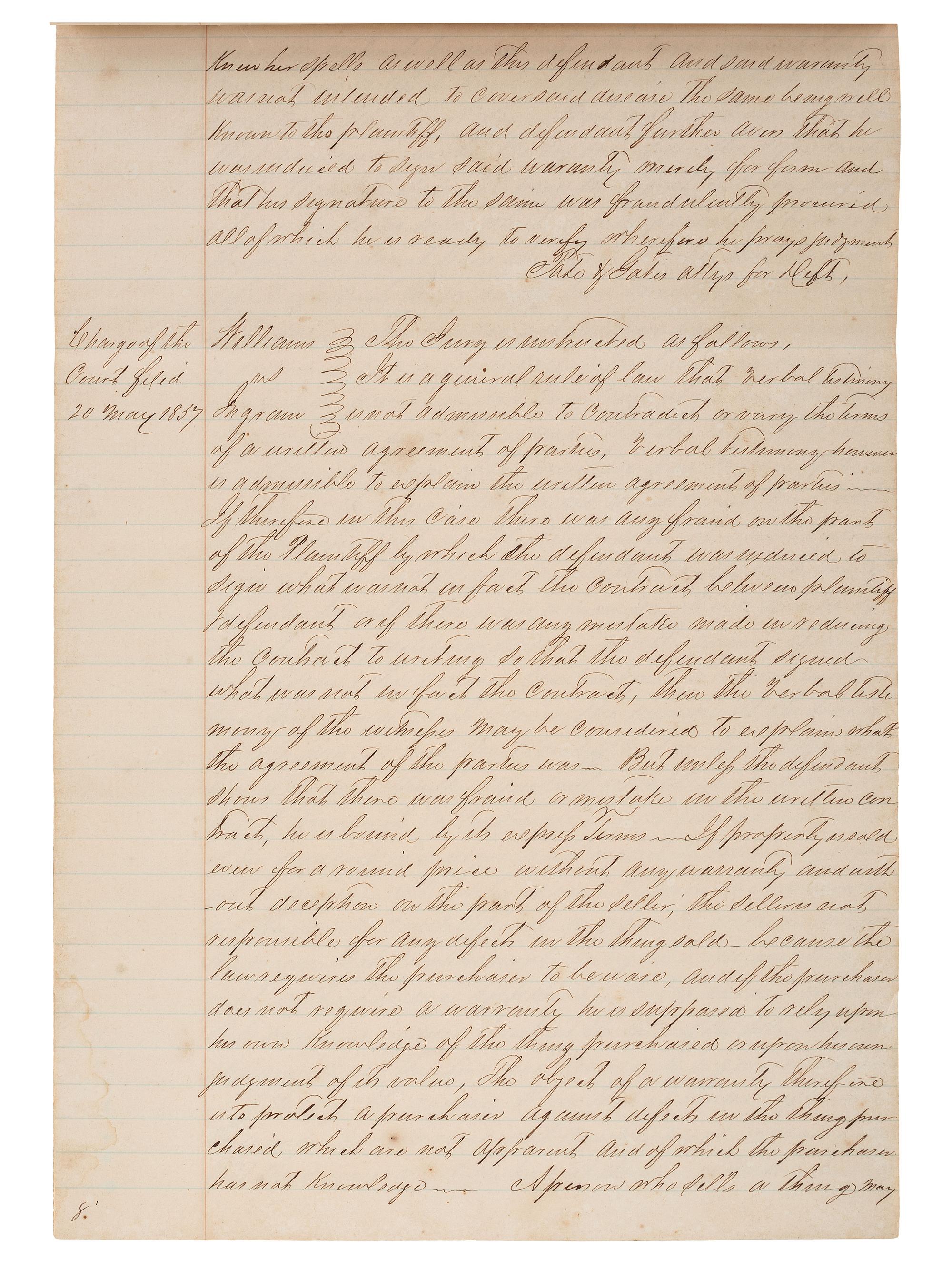 [SLAVERY & ABOLITION]. Manuscript court document related to the sale of an enslaved woman named "Frances," Fayette County, TX, 1857.
