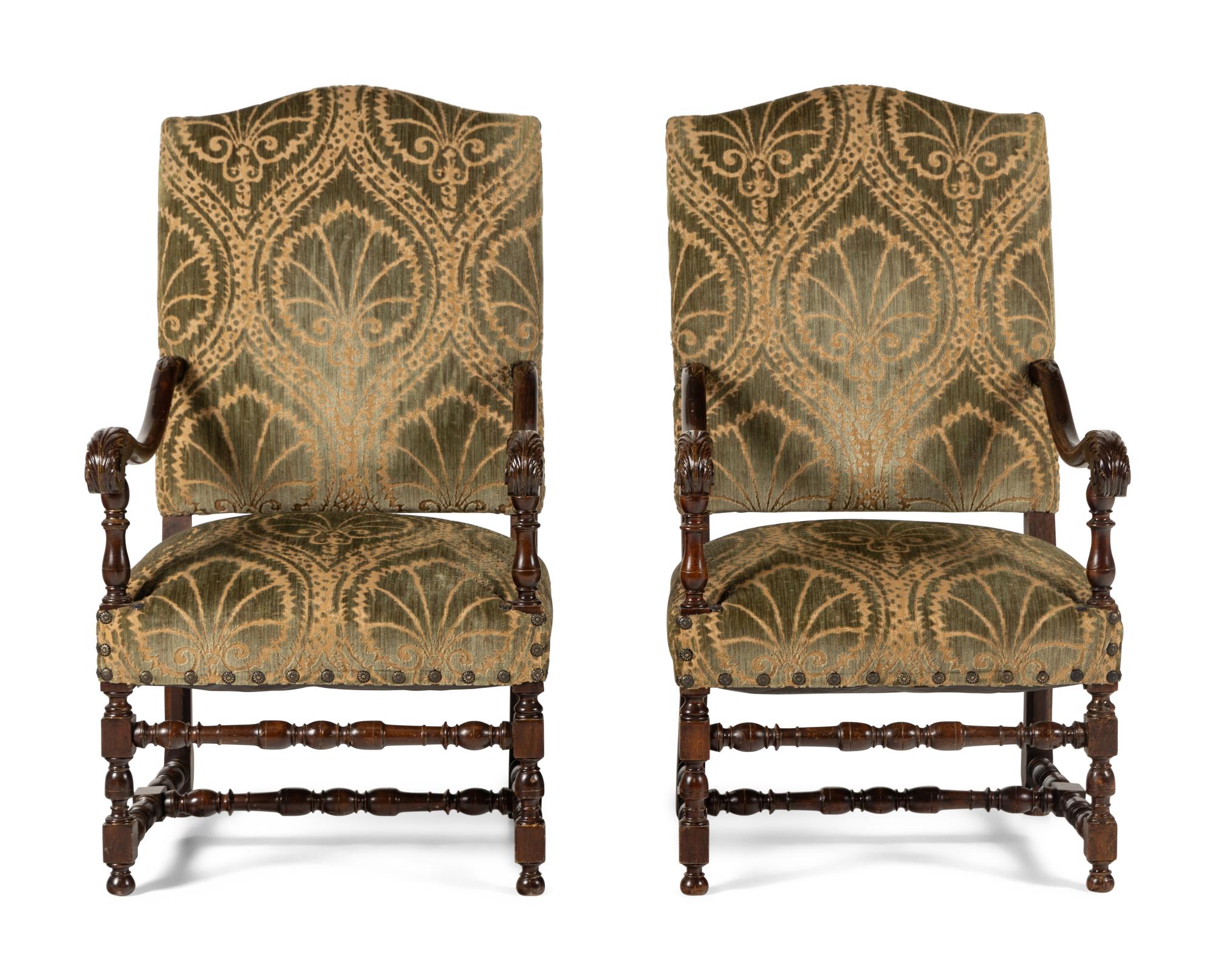 A Pair of William and Mary Style Turned and Carved Beech and Oak Armchairs