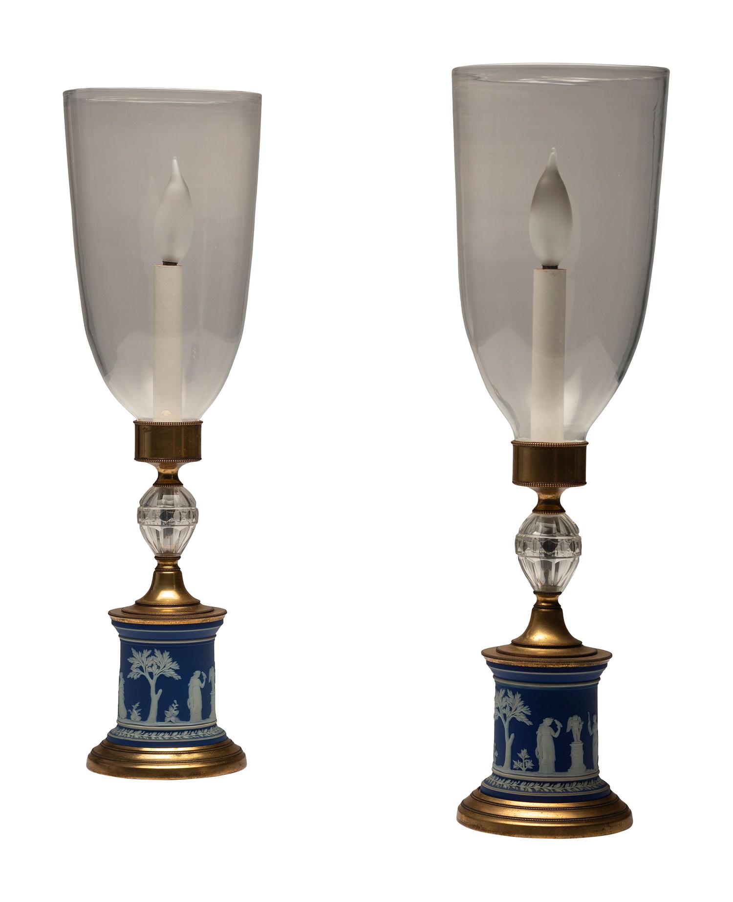 A Pair of Jasperware-Mounted Brass and Glass Hurricane Lamps
