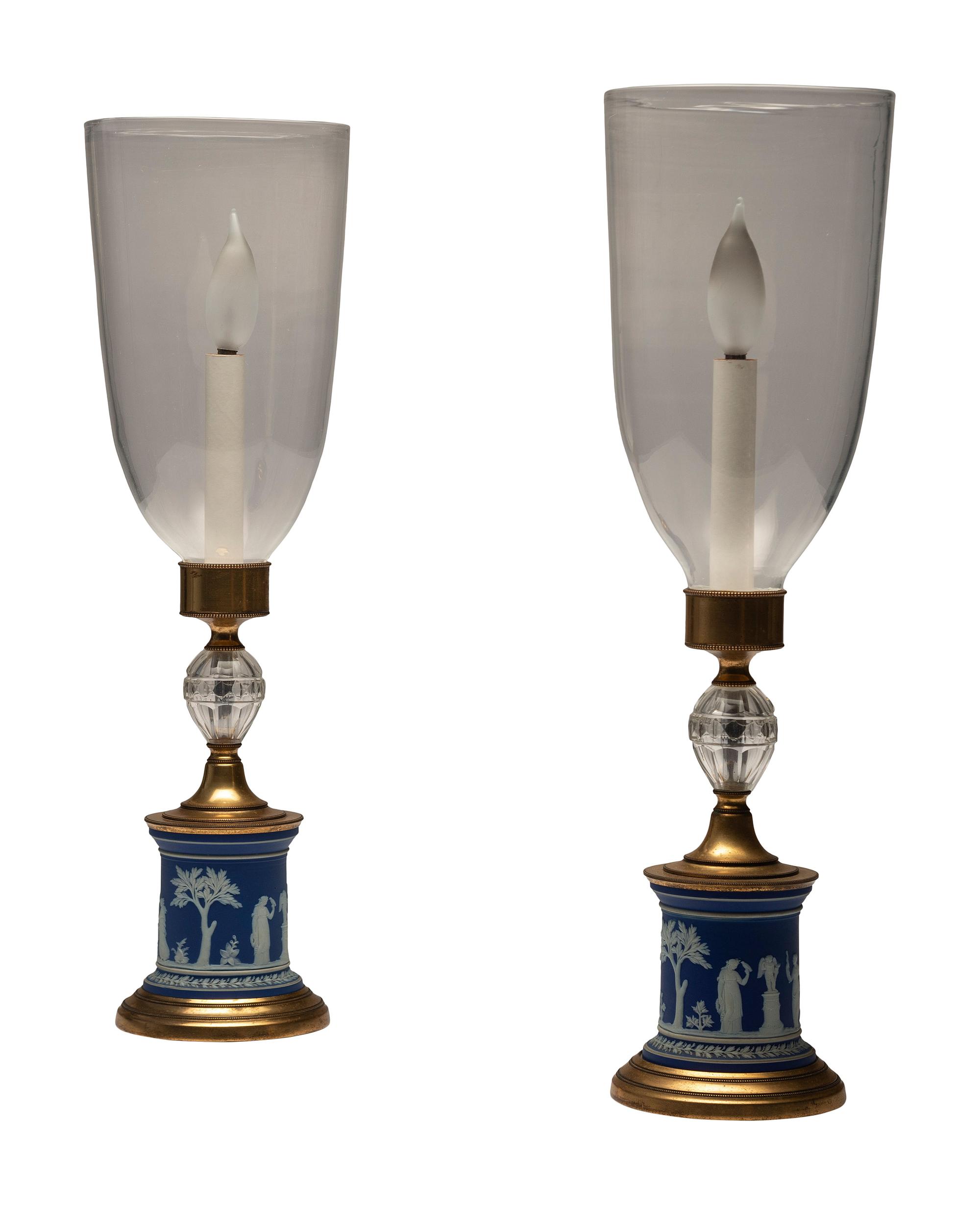 A Pair of Jasperware-Mounted Brass and Glass Hurricane Lamps