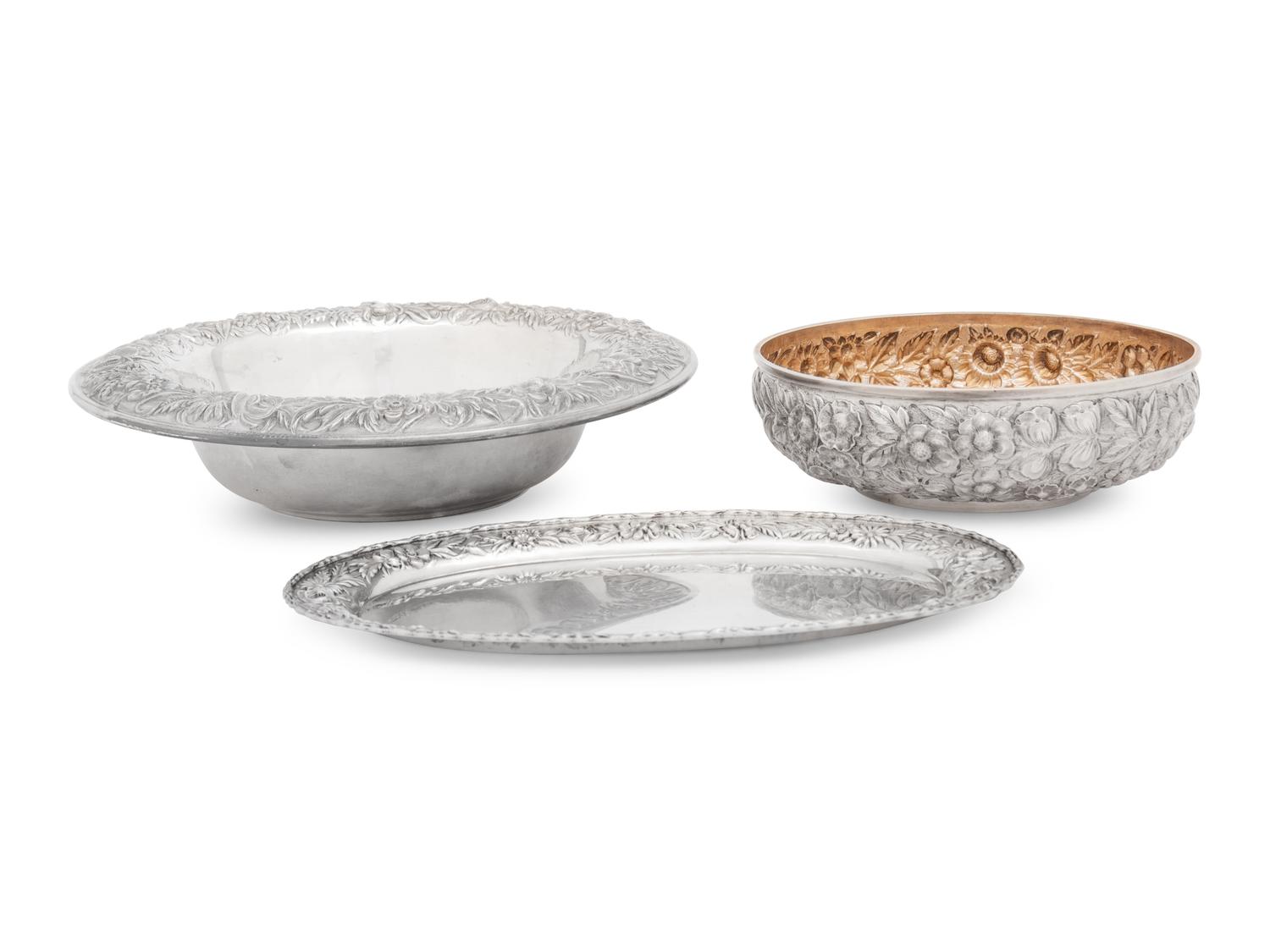 A Group of Three S. Kirk and Son Repousse Silver Dishes