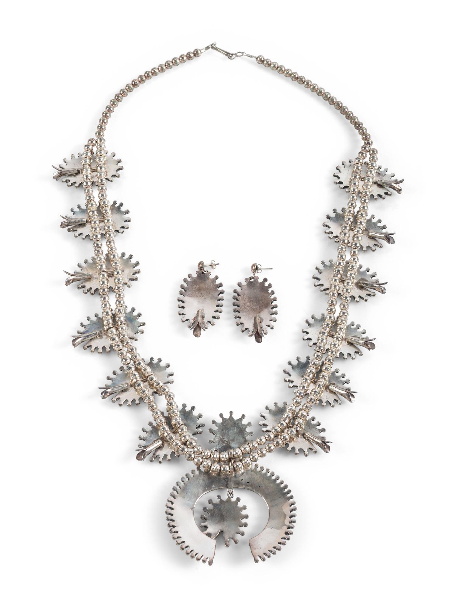 Zuni Petit Point Turquoise and Sterling Silver Squash Blossom Necklace and Post Earrings