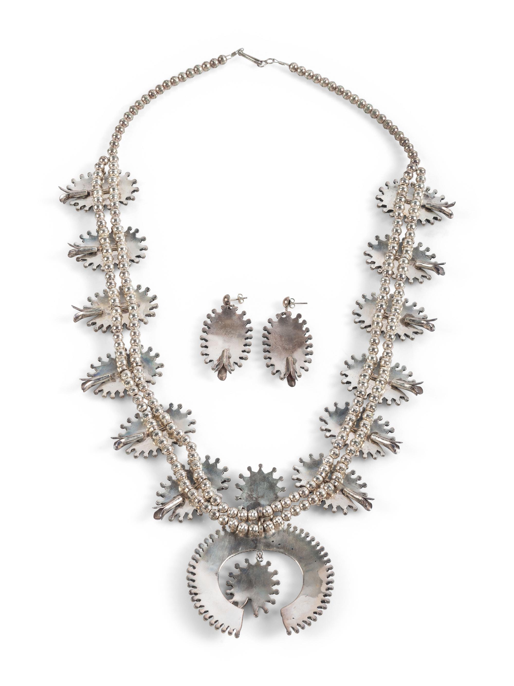 Zuni Petit Point Turquoise and Sterling Silver Squash Blossom Necklace and Post Earrings