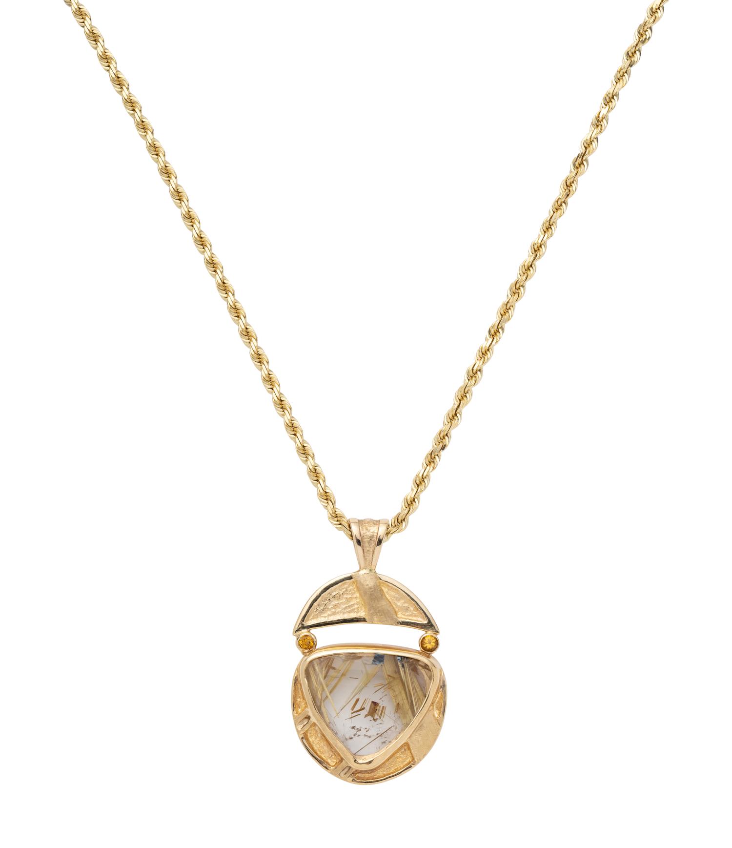 YELLOW GOLD AND RUTILATED QUARTZ PENDANT/NECKLACE
