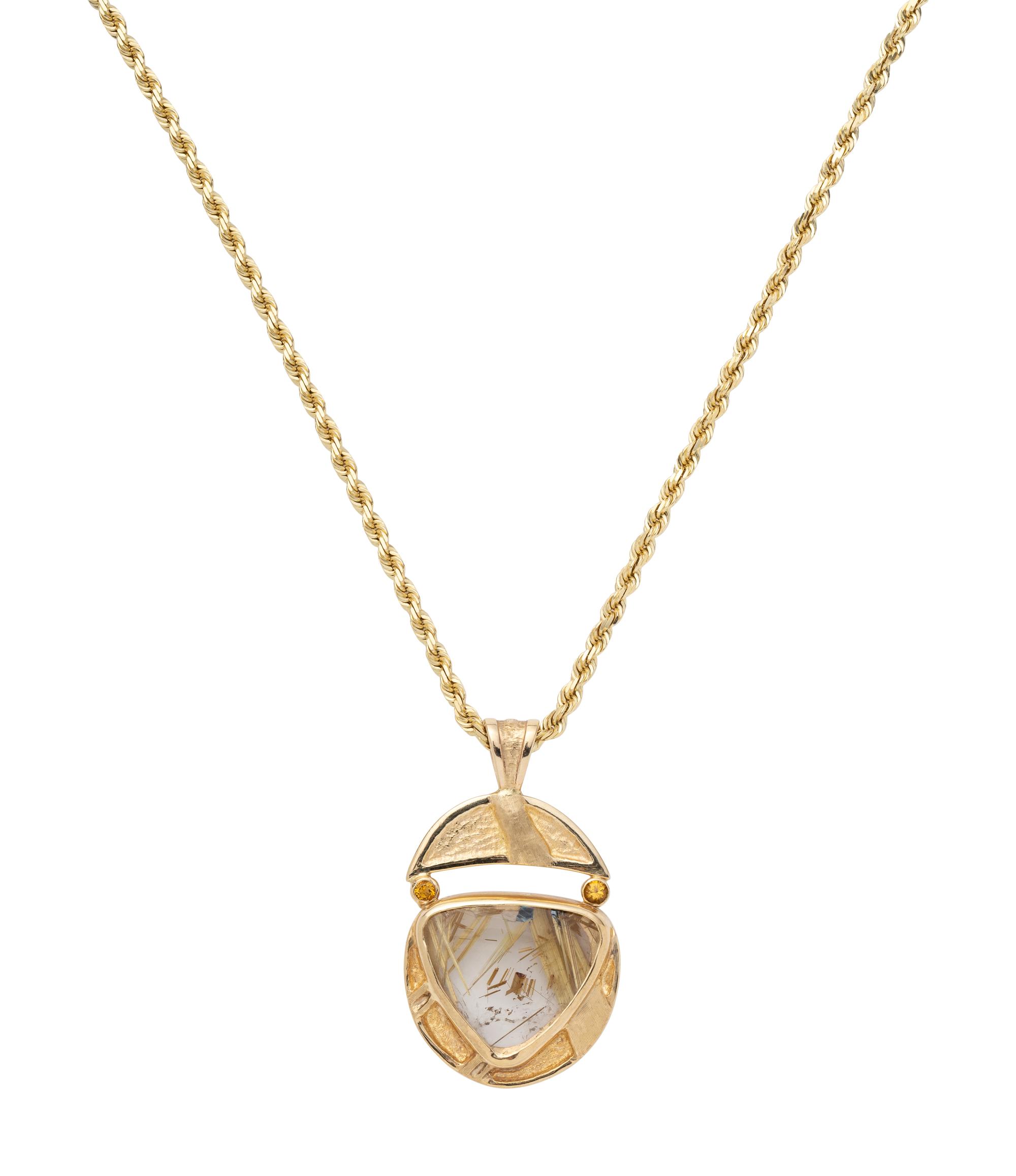 YELLOW GOLD AND RUTILATED QUARTZ PENDANT/NECKLACE