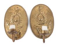 A Pair of Dutch Brass Sunflower Decorated Wall Sconces