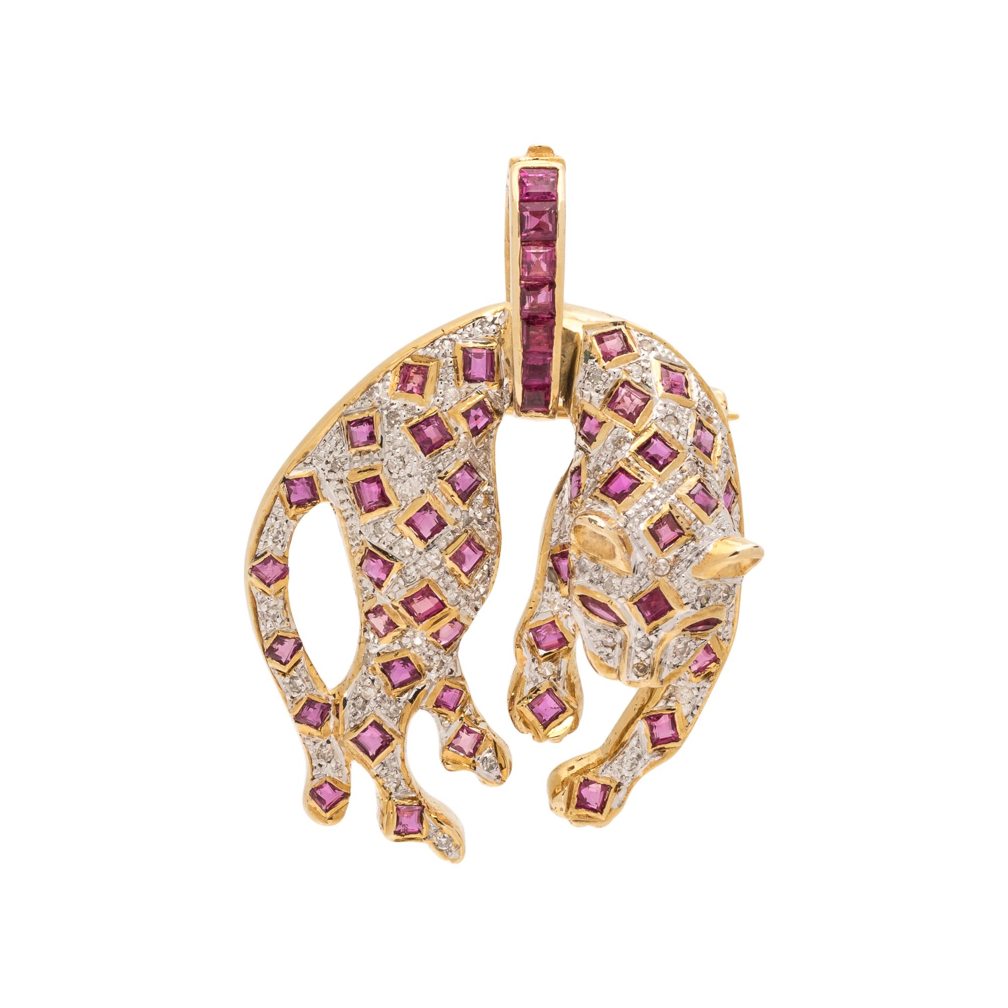 SYNTHETIC RUBY AND DIAMOND LEOPARD PENDANT/BROOCH