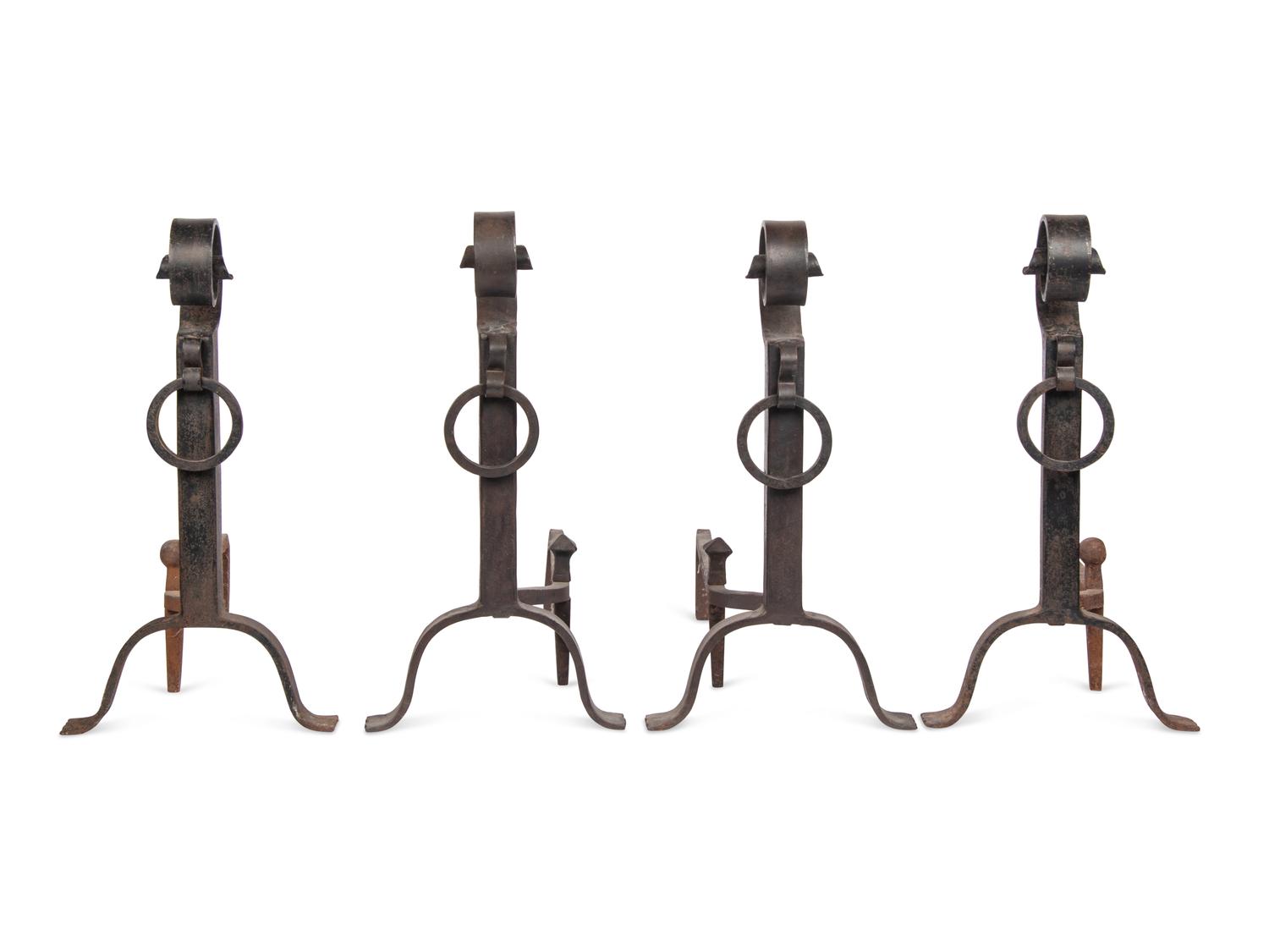 Two Pairs of Arts and Crafts Wrought Iron Andirons
