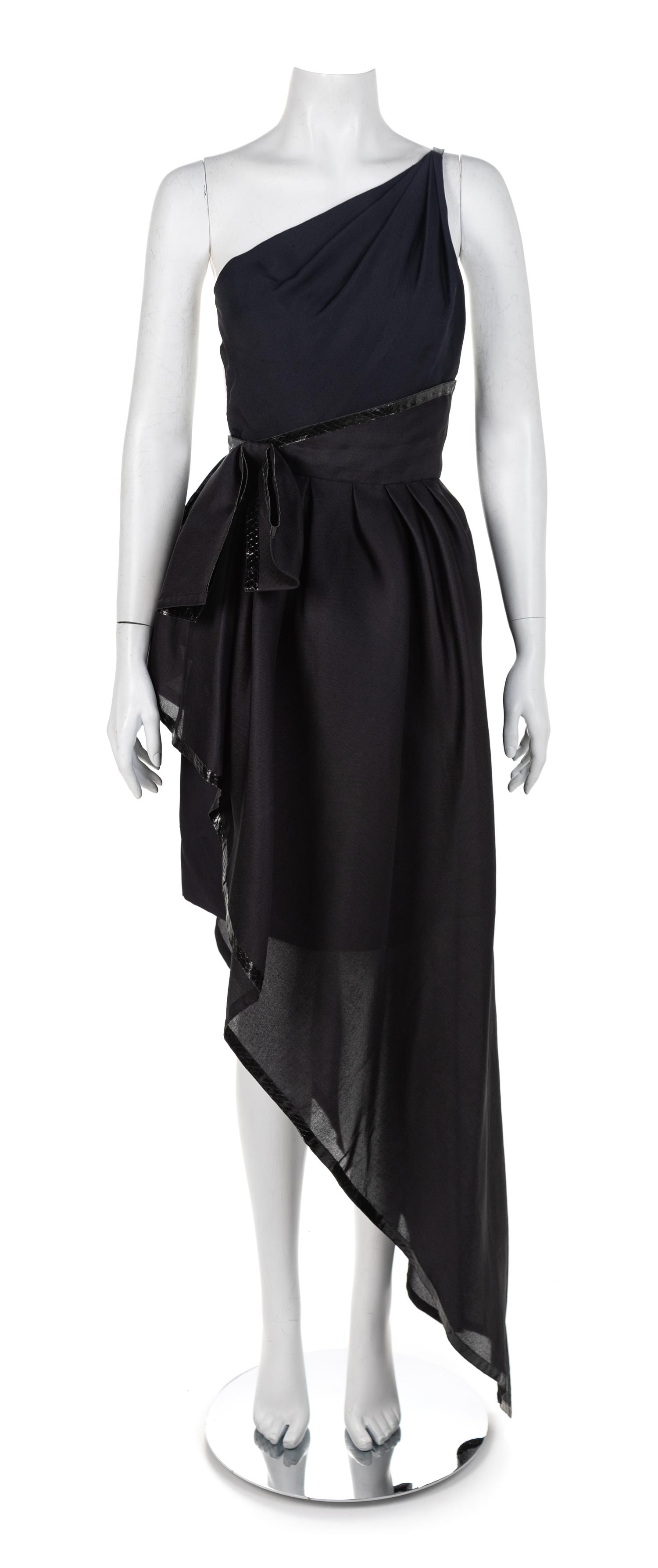 Black Silk Organza Dress with Snakeskin Trim, 1980s