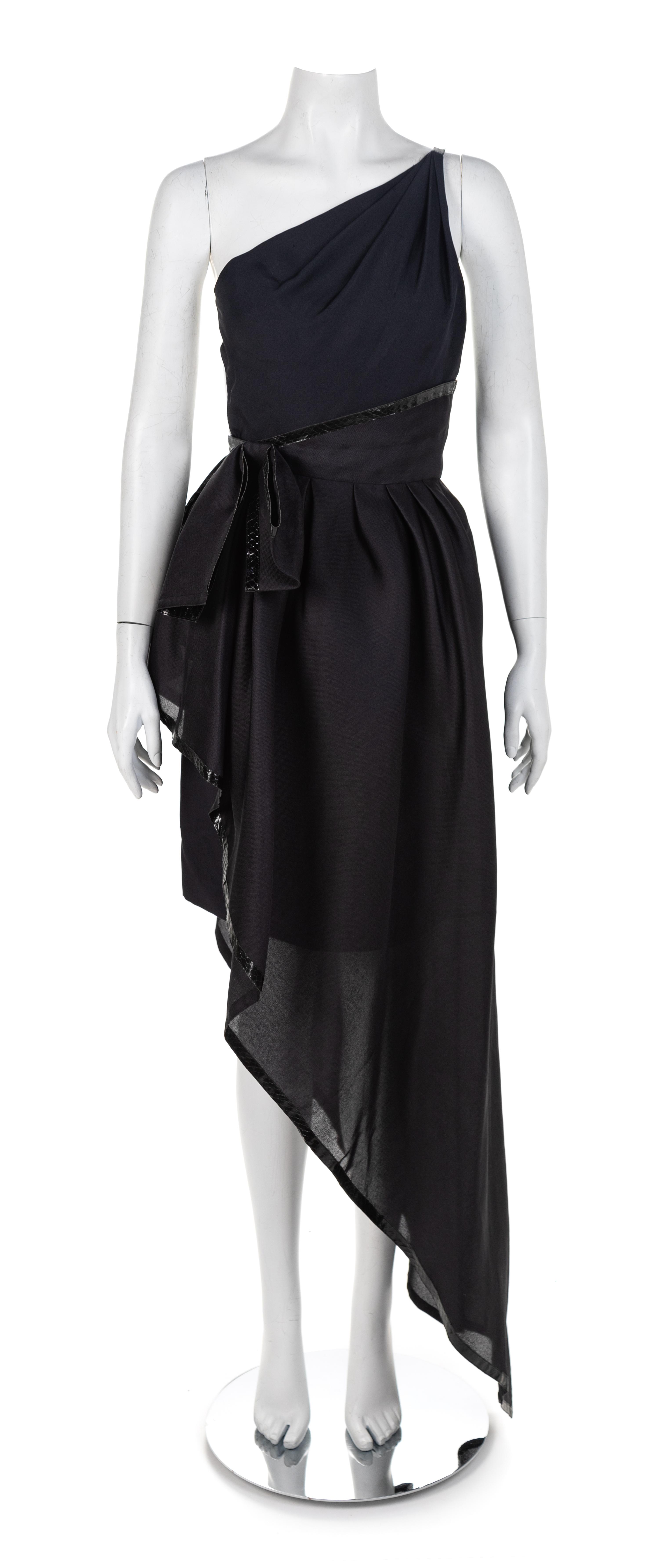 Black Silk Organza Dress with Snakeskin Trim, 1980s