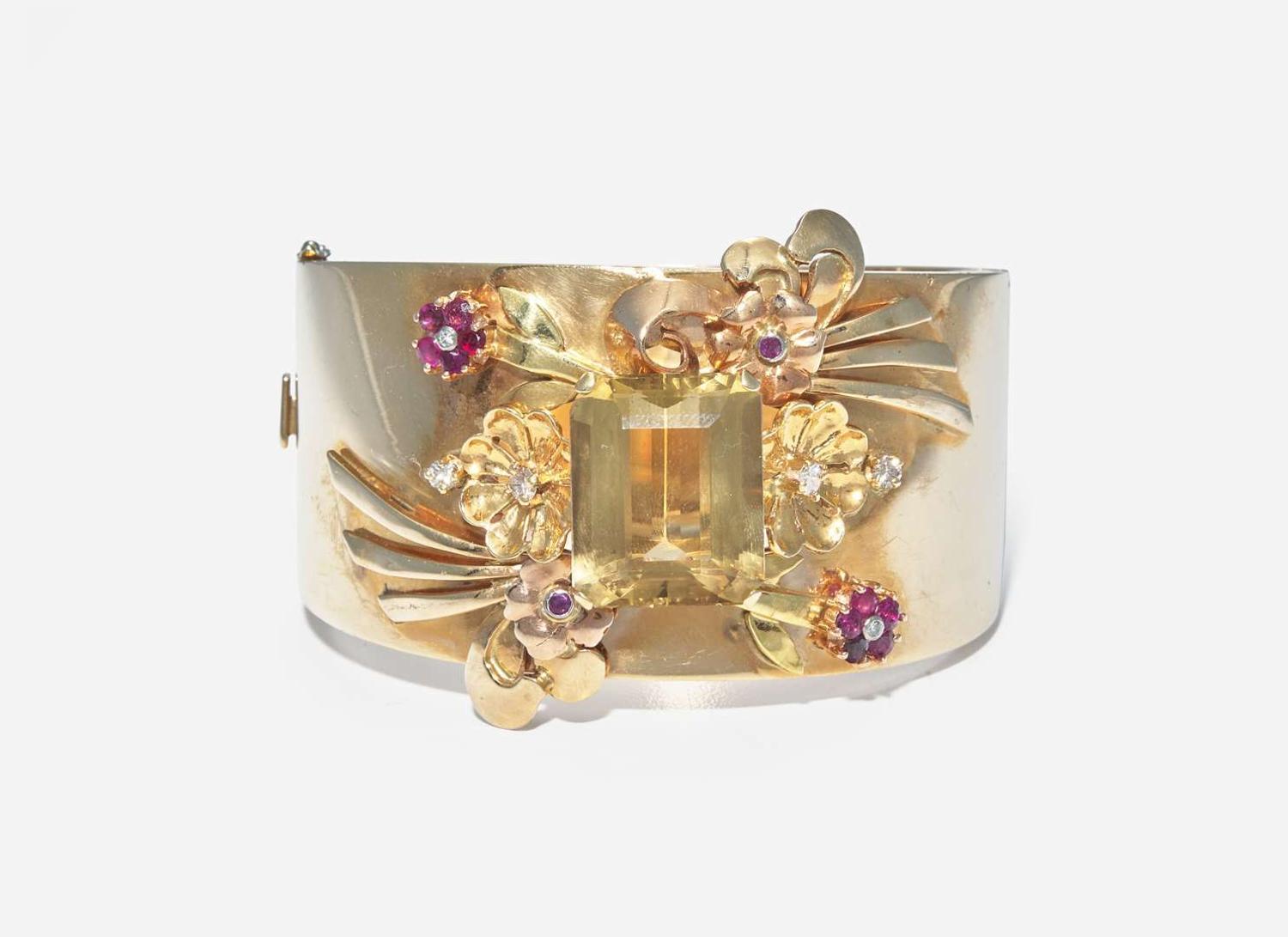 A Retro 14K Yellow Gold, Citrine, Ruby, and Diamond Bracelet