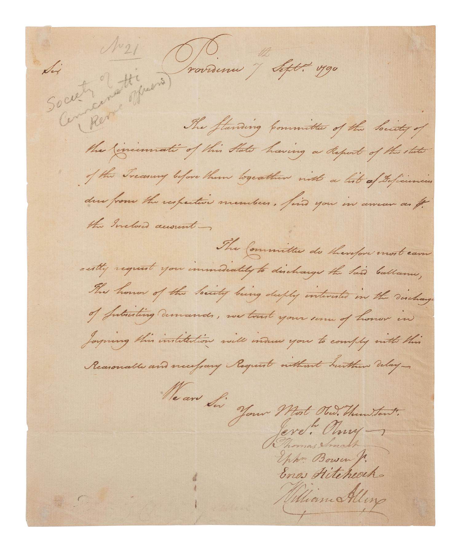 [SOCIETY OF CINCINNATI]. DS by officers of the Rhode Island chapter. Providence, 7 September 1790.