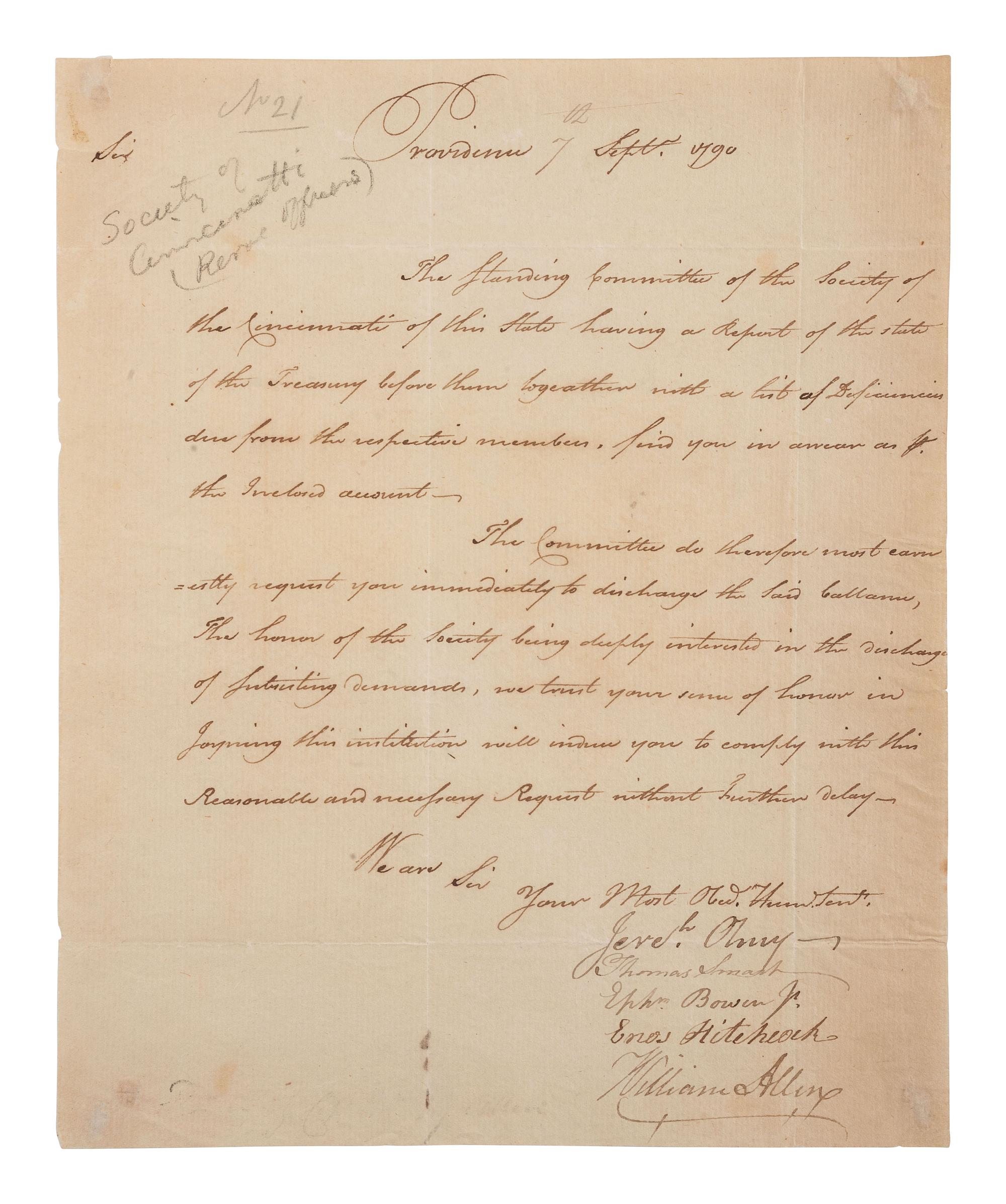 [SOCIETY OF CINCINNATI]. DS by officers of the Rhode Island chapter. Providence, 7 September 1790.