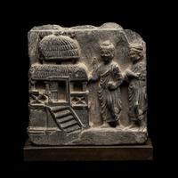 A Gandharan Grey Schist Frieze, 3rd-4th Century 三-四世紀 犍陀羅灰片岩佛祖尋訪圖石雕殘片