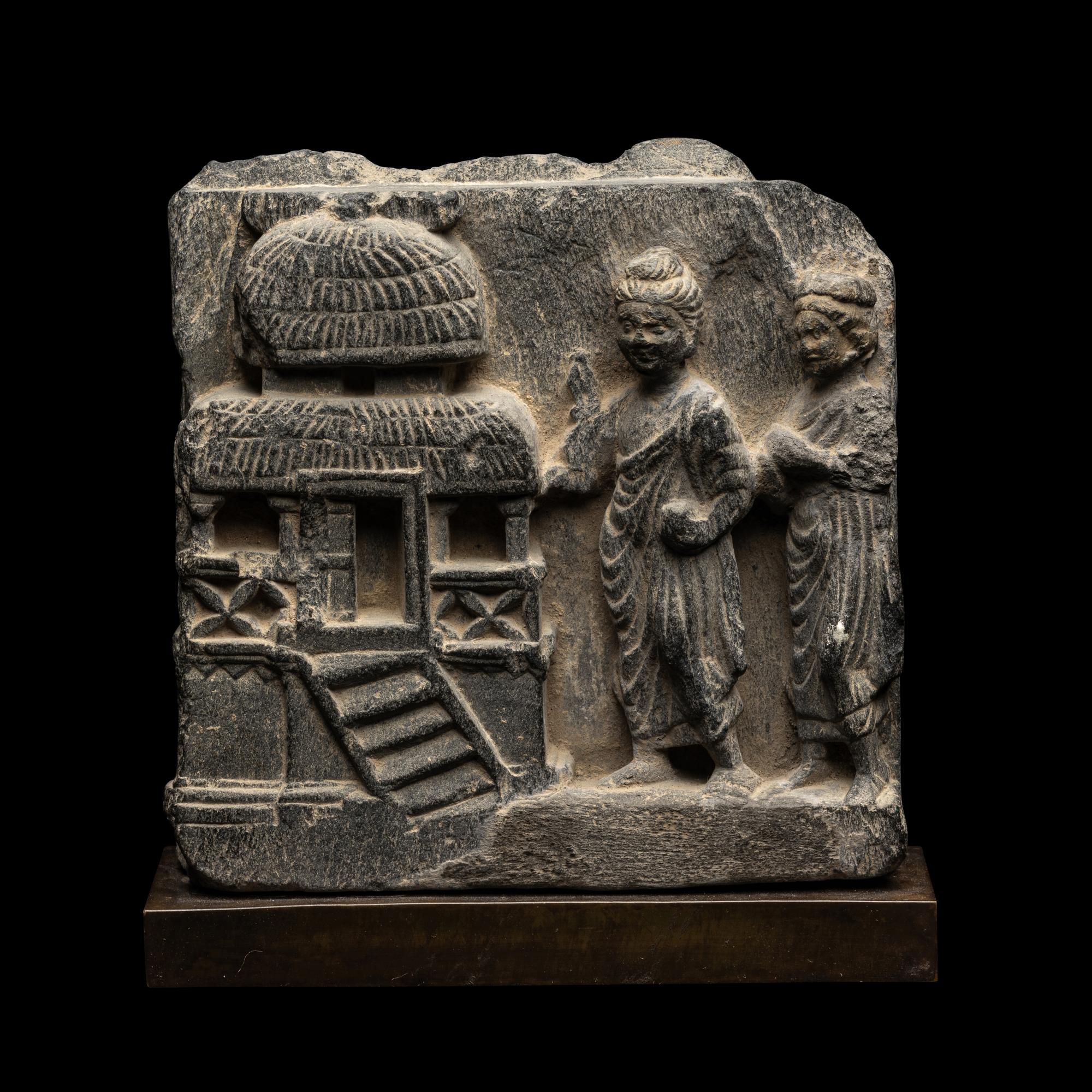 A Gandharan Grey Schist Frieze, 3rd-4th Century 三-四世紀 犍陀羅灰片岩佛祖尋訪圖石雕殘片
