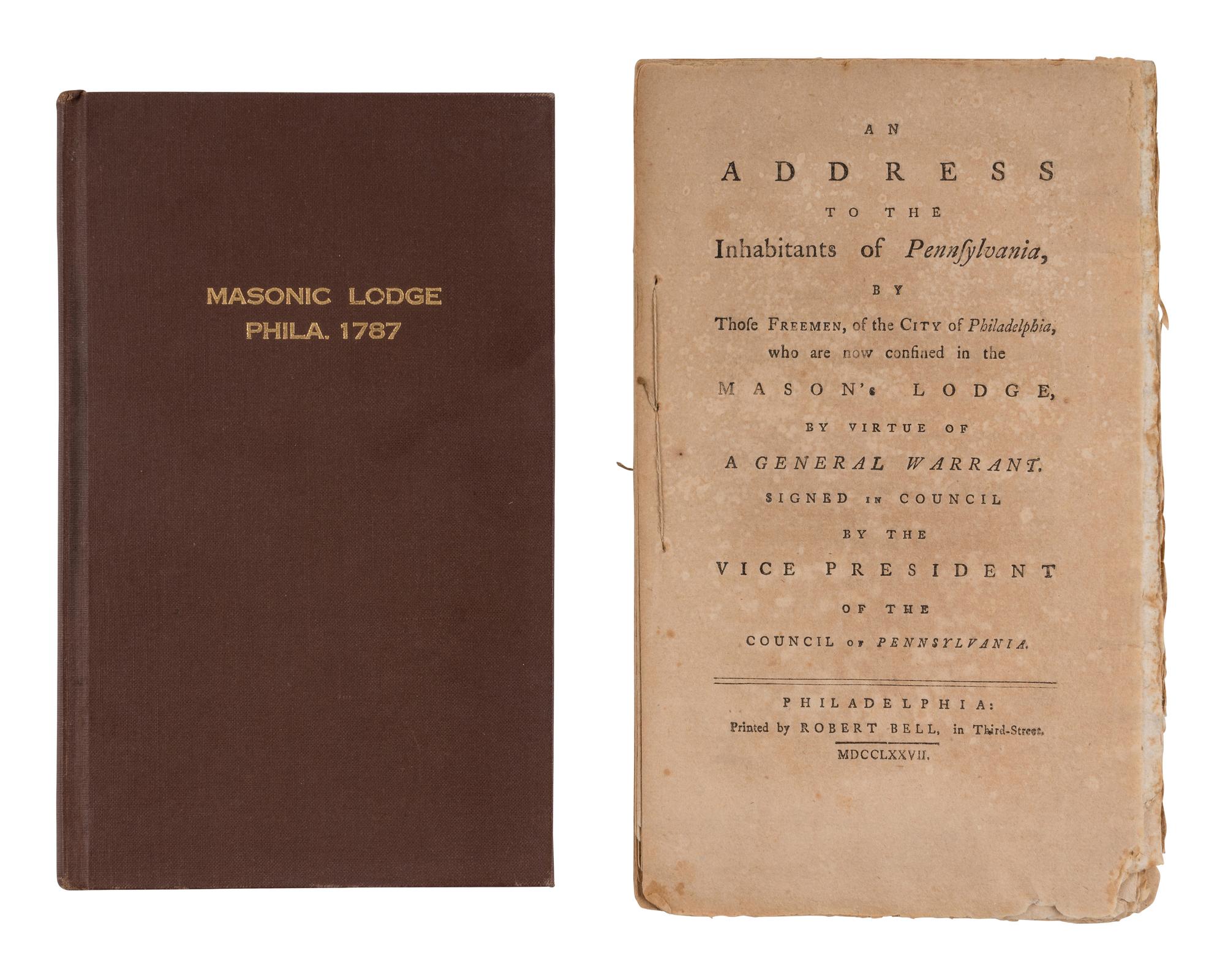 [QUAKER HISTORY]. -- [PEMBERTON, Israel (1715-1779)]. An Address to the Inhabitants of Pennsylvania, by Those Freemen, of the City of Philadelphia, Who Are Now Confined in the Mason's Lodge, by Virtue of a General Warrant. Signed in Council by the Vice President of the Council of Pennsylvania . Philadelphia: Robert Bell, 1777.