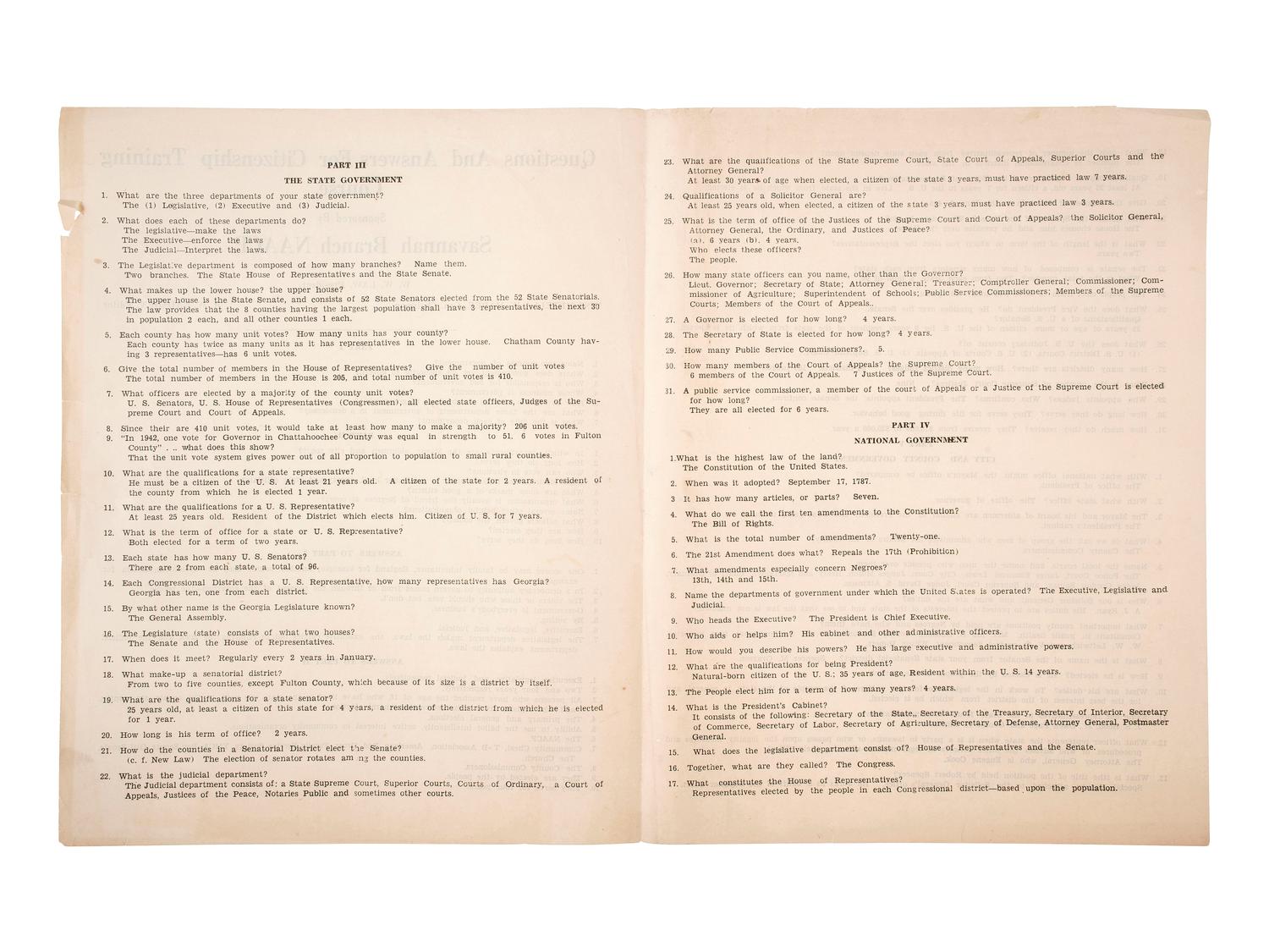 [AFRICAN AMERICANA]. "Questions and Answers For Citizenship Training Course Sponsored by Savannah Branch NAACP." [Savannah, GA], n.d. [ca ?].