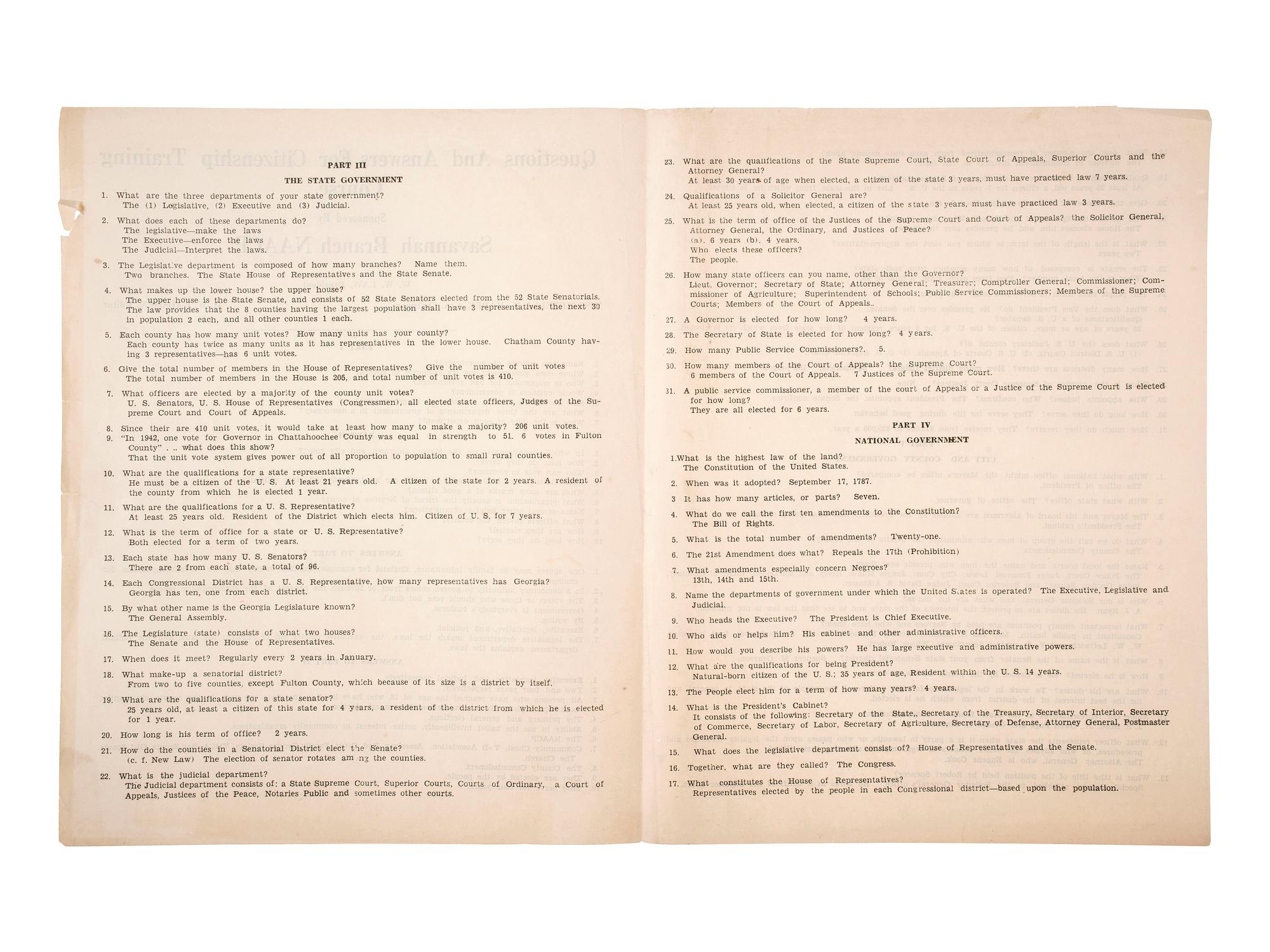 [AFRICAN AMERICANA]. "Questions and Answers For Citizenship Training Course Sponsored by Savannah Branch NAACP." [Savannah, GA], n.d. [ca ?].