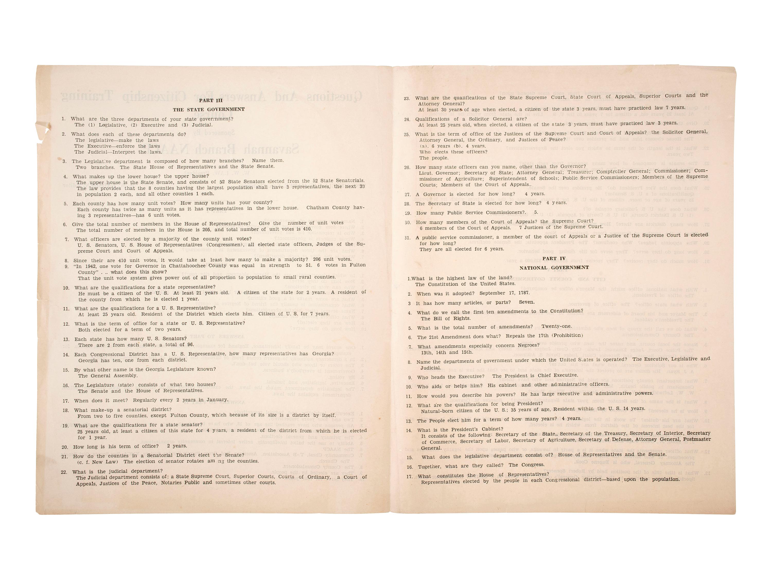 [AFRICAN AMERICANA]. "Questions and Answers For Citizenship Training Course Sponsored by Savannah Branch NAACP." [Savannah, GA], n.d. [ca ?].