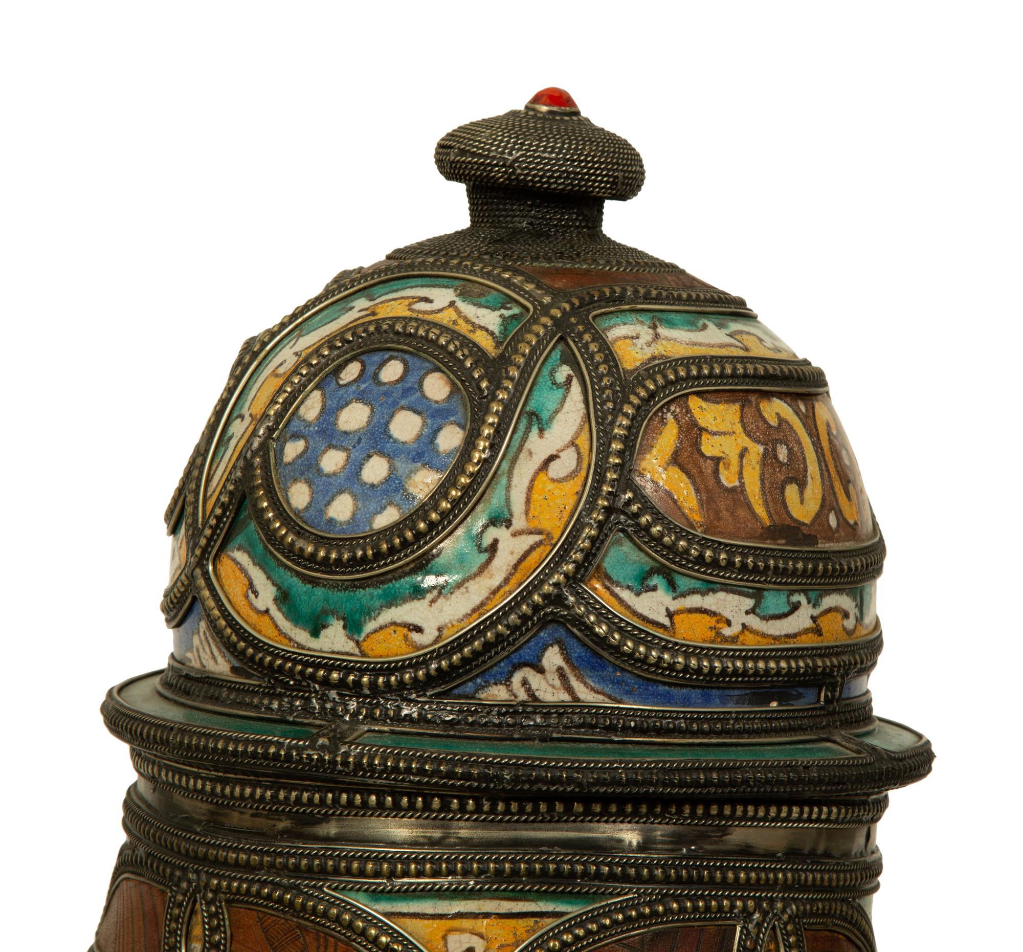 A Large Moroccan Silvered Metal and Hardstone Mounted Ceramic Urn — 20TH CENTURY