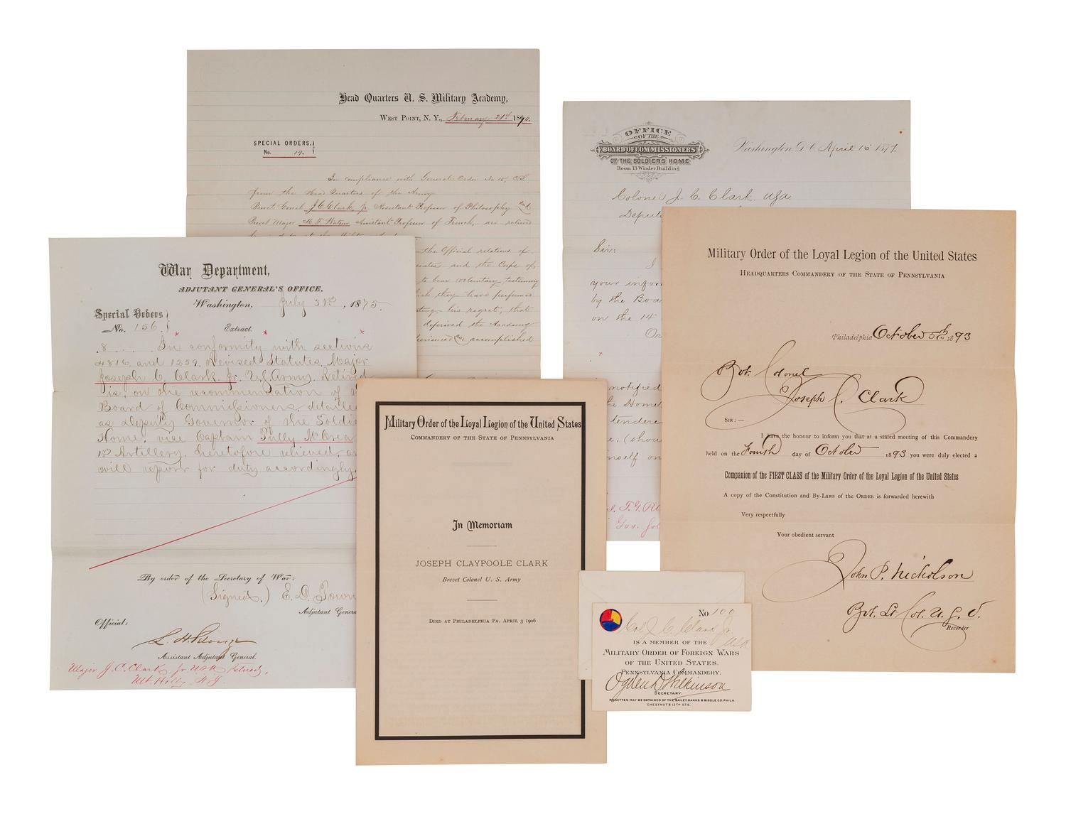 [WESTERN AMERICANA -- CIVIL WAR -- LINCOLN]. Papers of Captain Joseph Claypoole Clark, 4th US Light Artillery, Battery E, WIA Antietam, including frontier and Civil War correspondence, photography, and appointment signed by Lincoln as President.