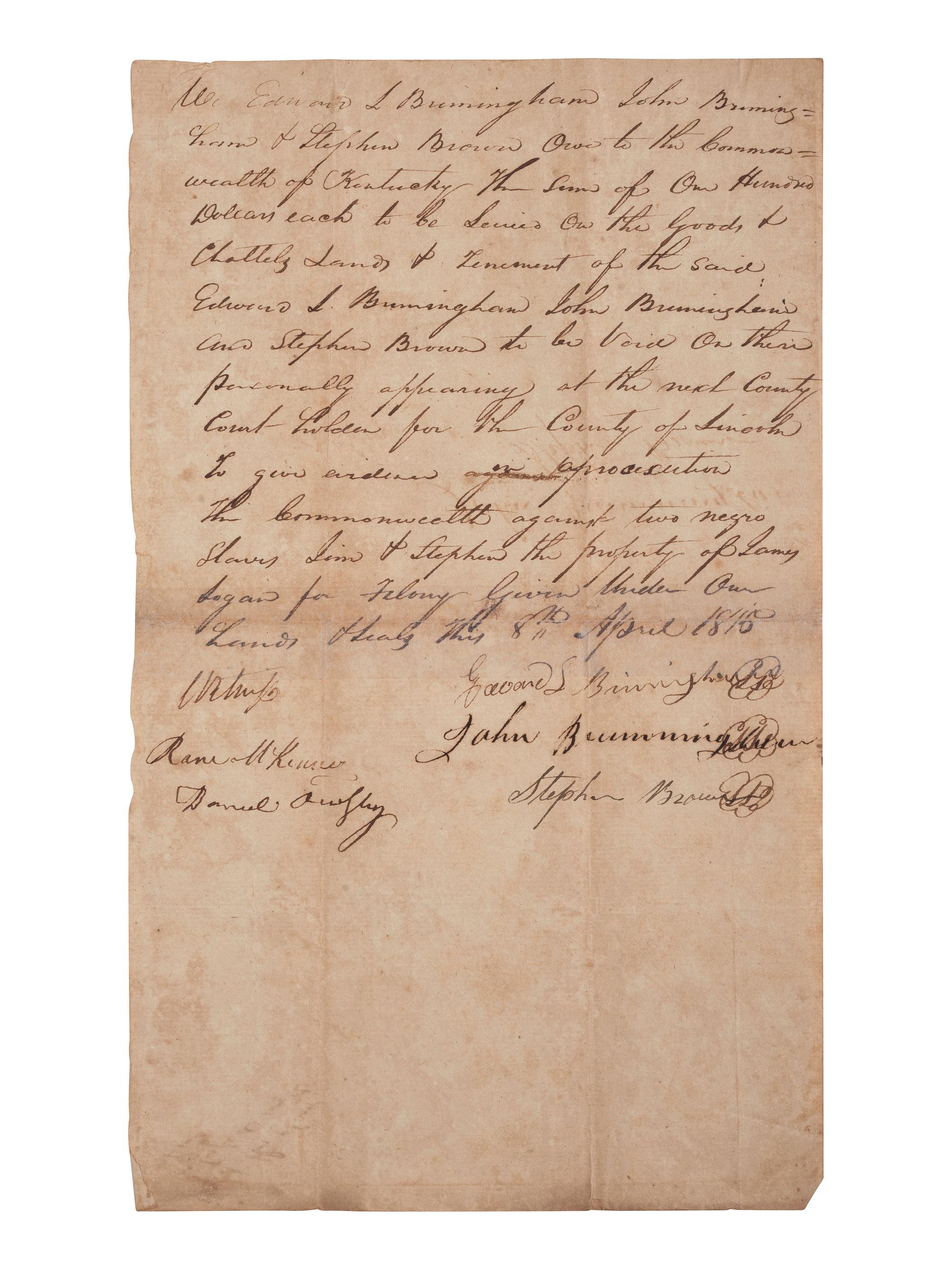 [ENSLAVEMENT & ABOLITION]. A collection of 4 documents related to the arrest and trial of enslaved men "Stephen" and "Jim," who were convicted of stealing. Lincoln County, KY. 1815.